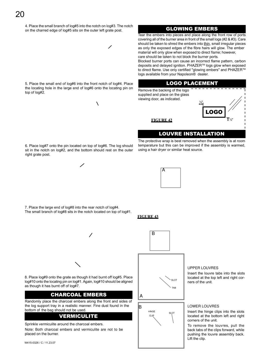 Napoleon Fireplaces BGD48N, BGD48P manual Glowing Embers, Logo Placement, Louvre Installation, Charcoal Embers, Vermiculite 