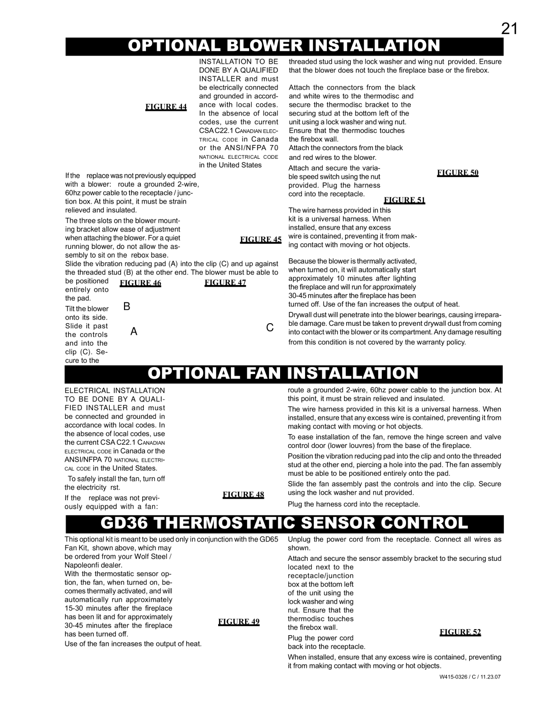 Napoleon Fireplaces BGD48P manual Optional Blower Installation, Optional FAN Installation, GD36 Thermostatic Sensor Control 