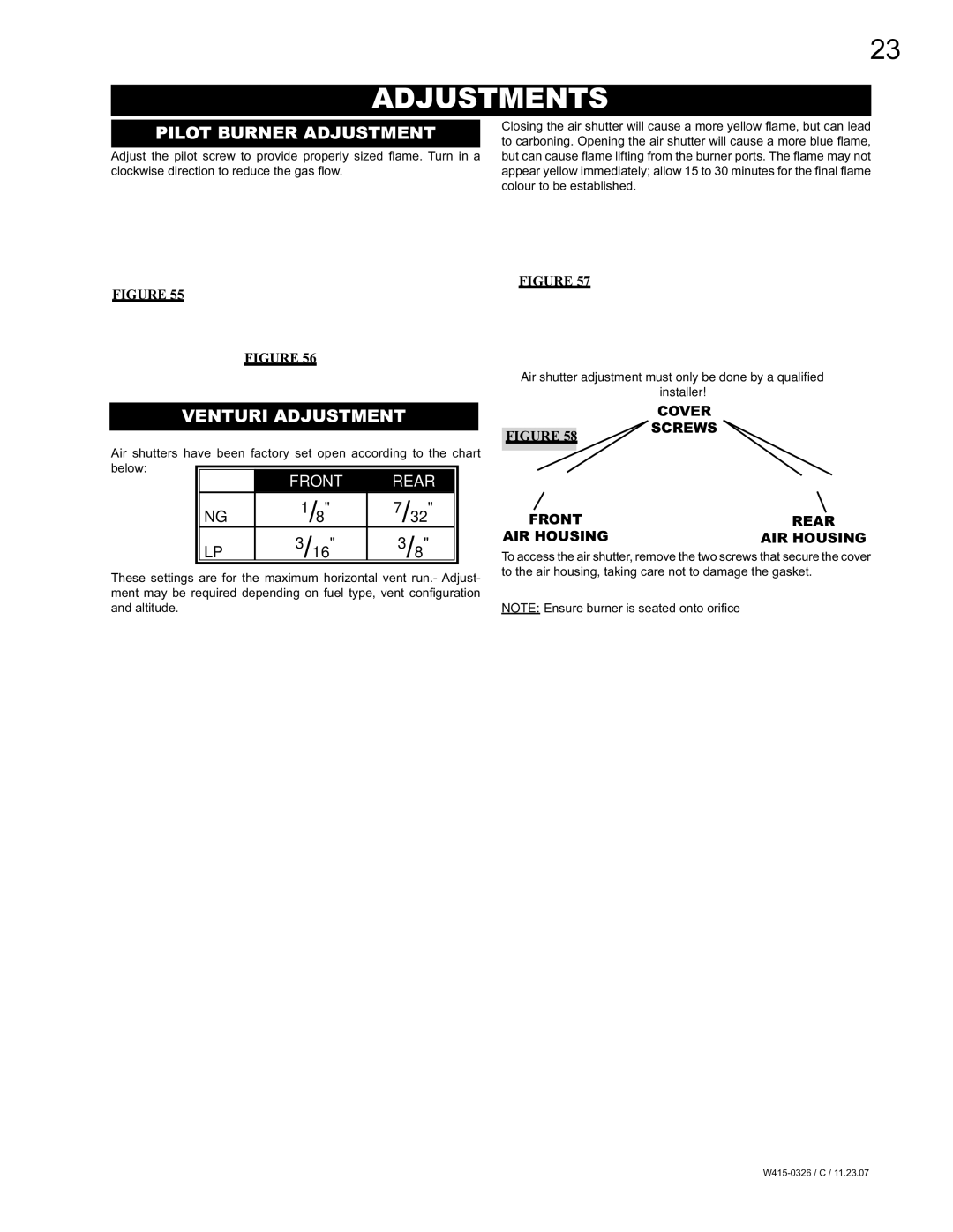 Napoleon Fireplaces BGD48P, BGD48N manual Adjustments, Pilot Burner Adjustment, Venturi Adjustment, Front Rear 