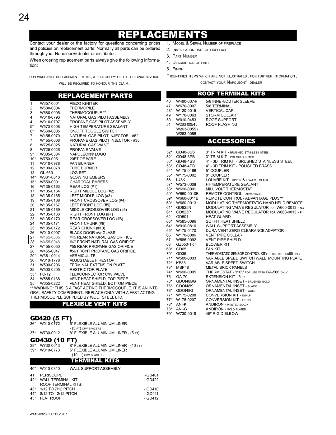 Napoleon Fireplaces BGD48N, BGD48P Replacements, Replacement Parts, Accessories, Flexible Vent Kits Roof Terminal Kits 