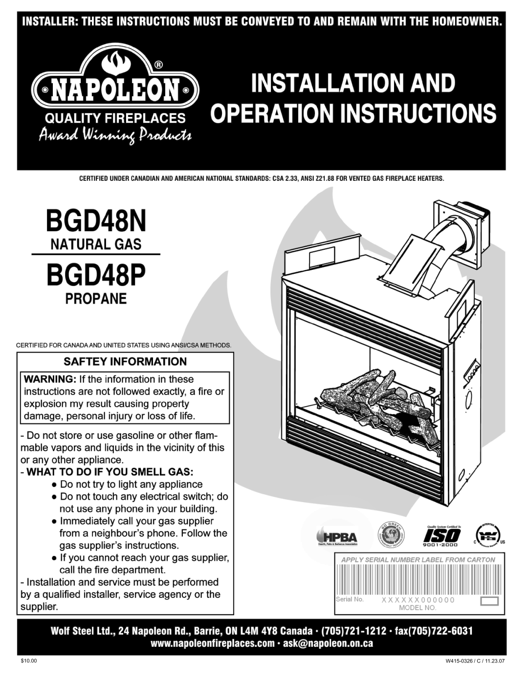 Napoleon Fireplaces BGD48P, BGD48N manual W415-0326 /C, $10.00 