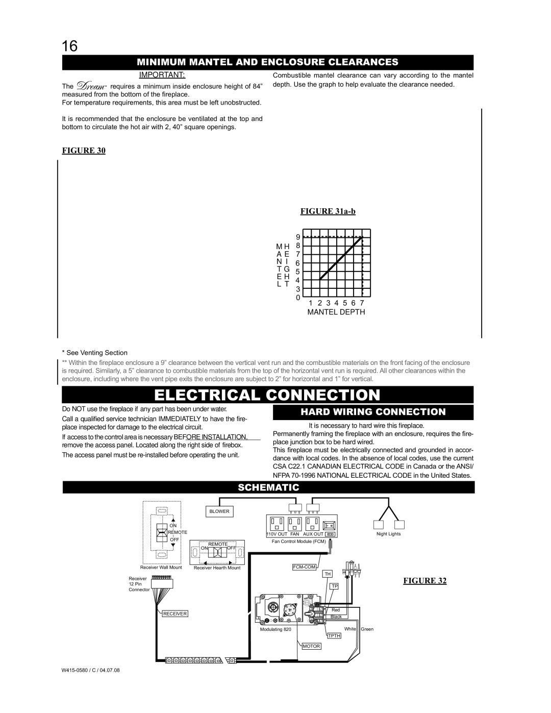 Napoleon Fireplaces BGD90PT manual Electrical Connection, Minimum Mantel and Enclosure Clearances, Hard Wiring Connection 