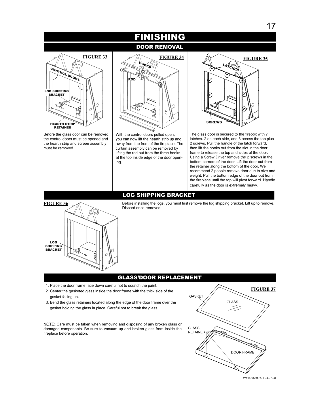 Napoleon Fireplaces BGD90NT, BGD90PT manual Finishing, Door Removal, LOG Shipping Bracket 