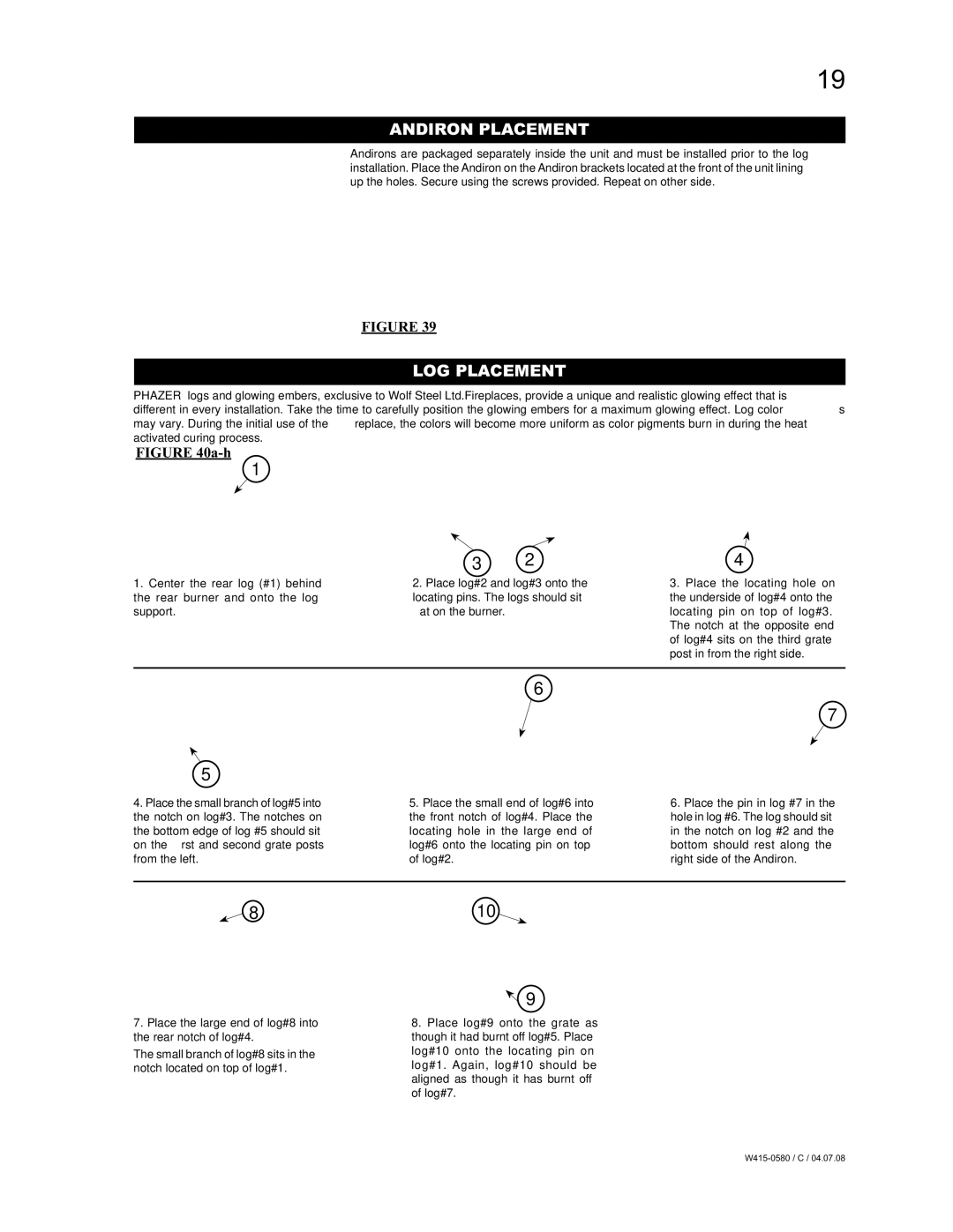 Napoleon Fireplaces BGD90NT, BGD90PT manual Andiron Placement, LOG Placement 