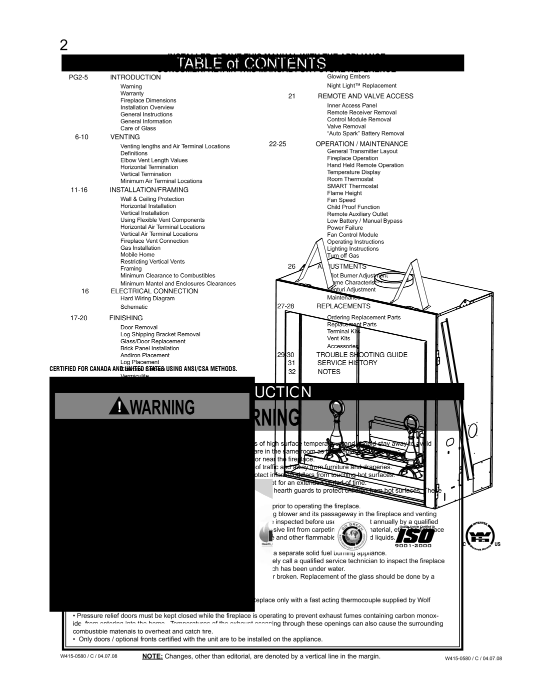 Napoleon Fireplaces BGD90PT, BGD90NT manual Table of Contents, Introduction 