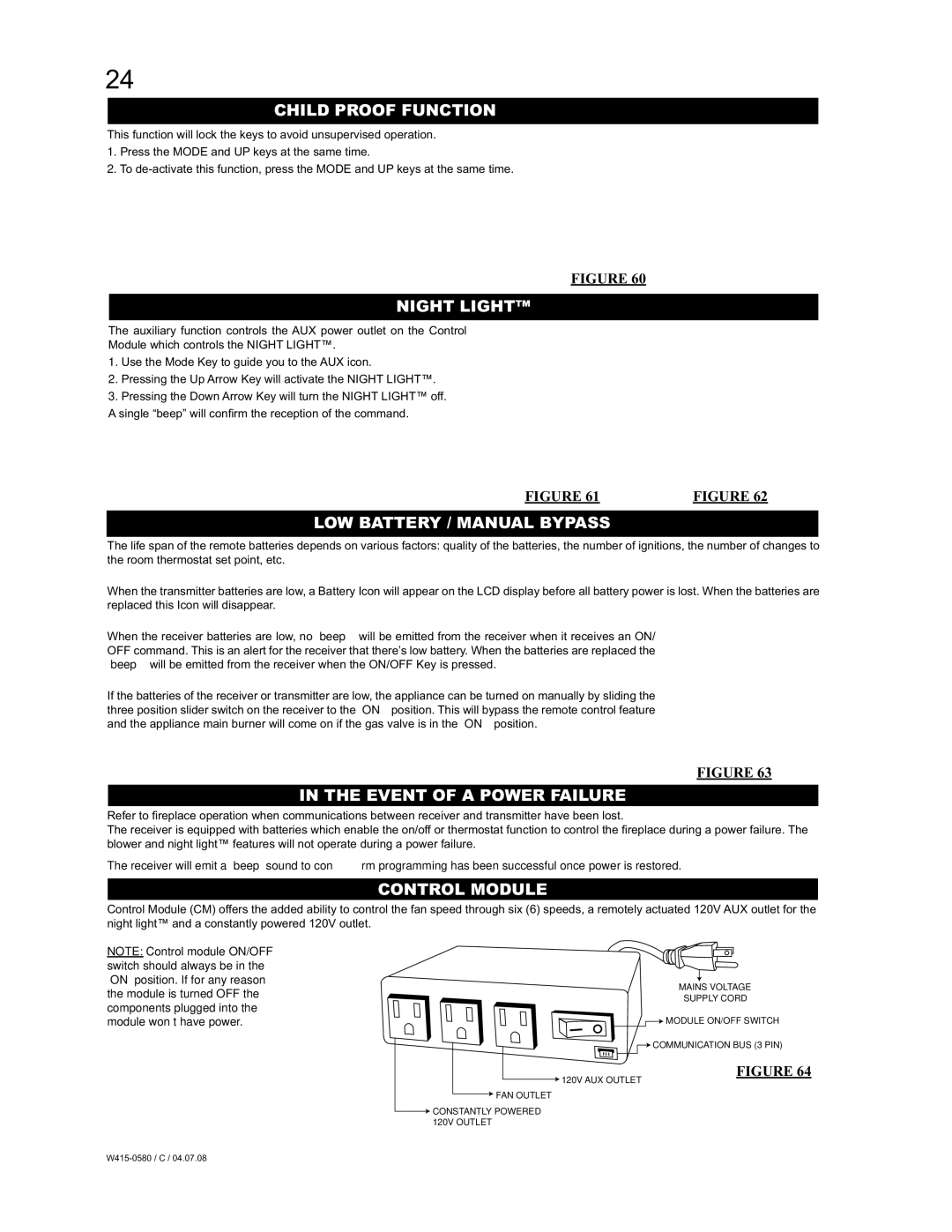 Napoleon Fireplaces BGD90PT manual Child Proof Function, Night Light, LOW Battery / Manual Bypass, Event of a Power Failure 