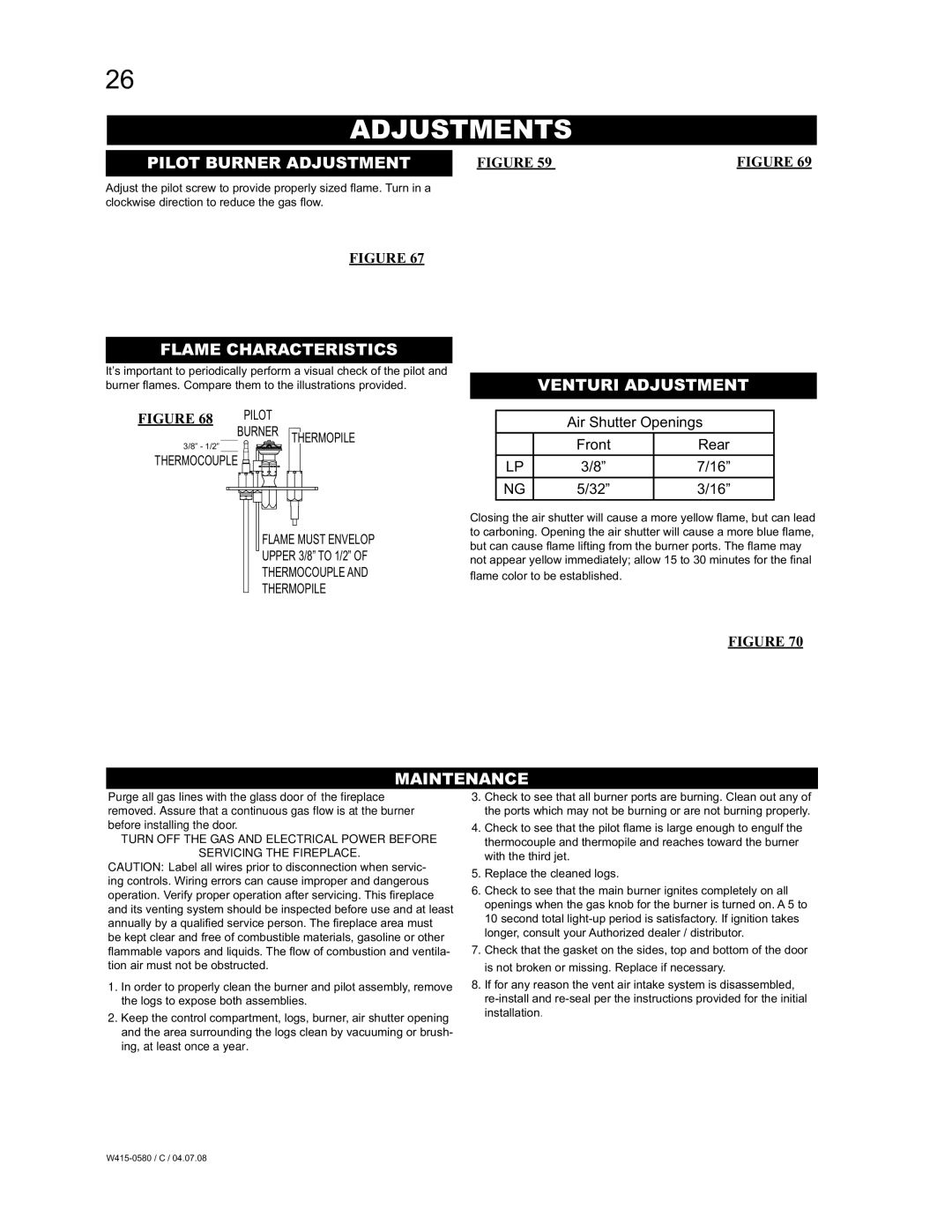 Napoleon Fireplaces BGD90PT Adjustments, Pilot Burner Adjustment, Flame Characteristics, Venturi Adjustment, Maintenance 