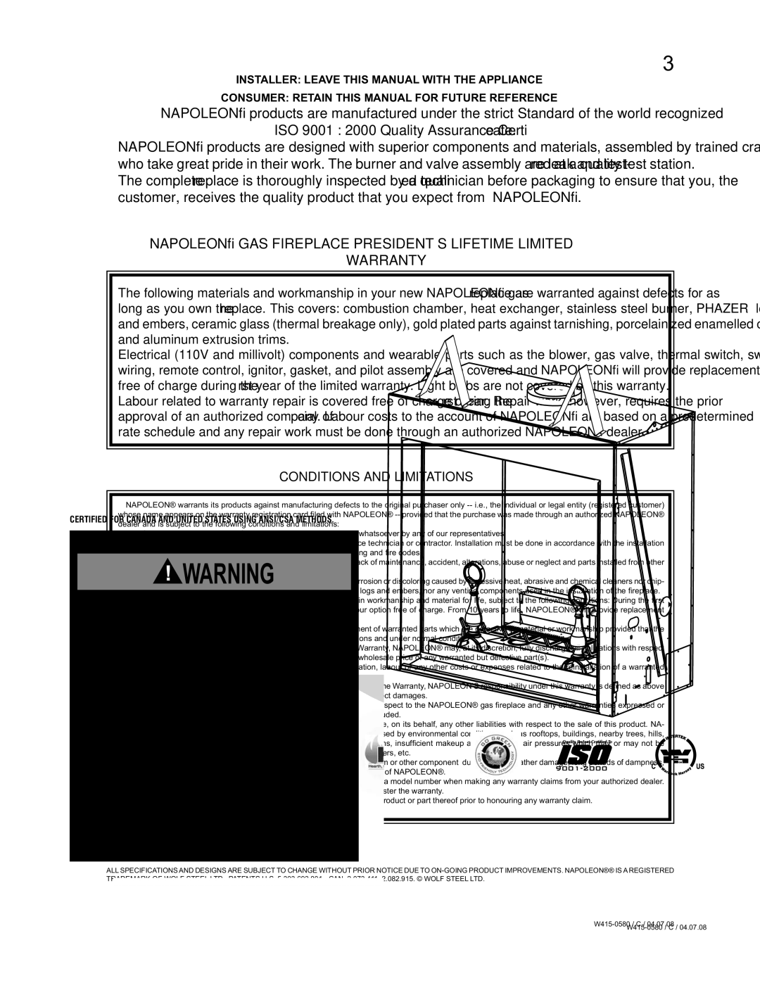 Napoleon Fireplaces BGD90NT, BGD90PT manual Napoleon GAS Fireplace PRESIDENT’S Lifetime Limited Warranty 