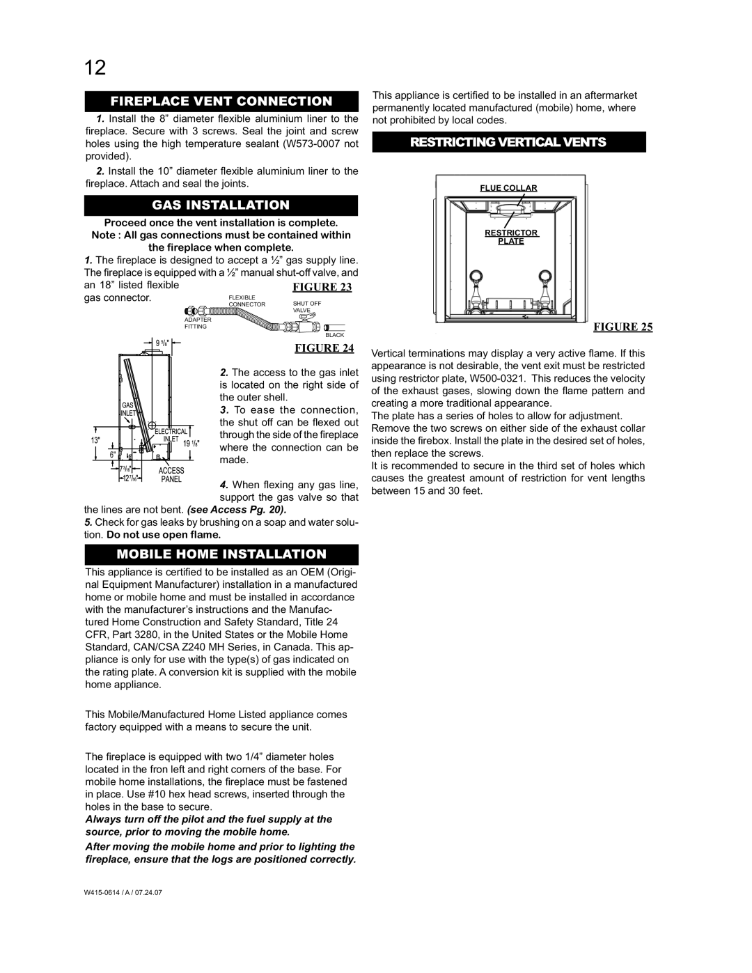 Napoleon Fireplaces BGD90PT, BGD90NT manual Restricting Vertical Vents, Mobile Home Installation 