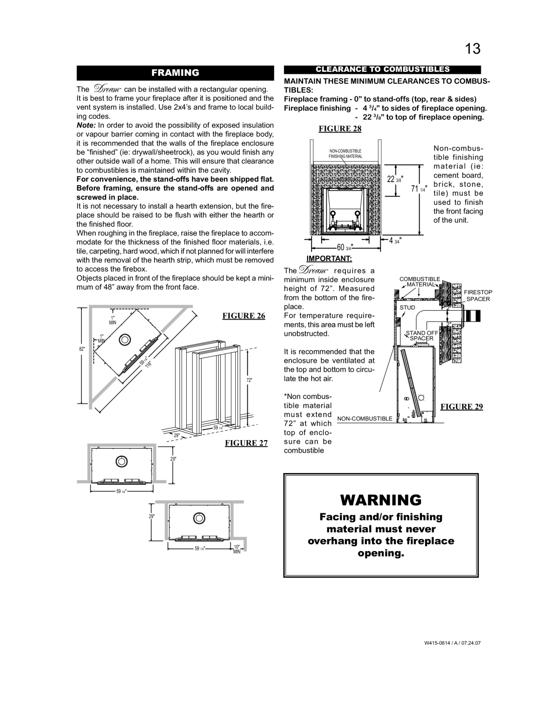 Napoleon Fireplaces BGD90NT, BGD90PT manual Framing, Clearance to Combustibles, 22 3/8 to top of fireplace opening 