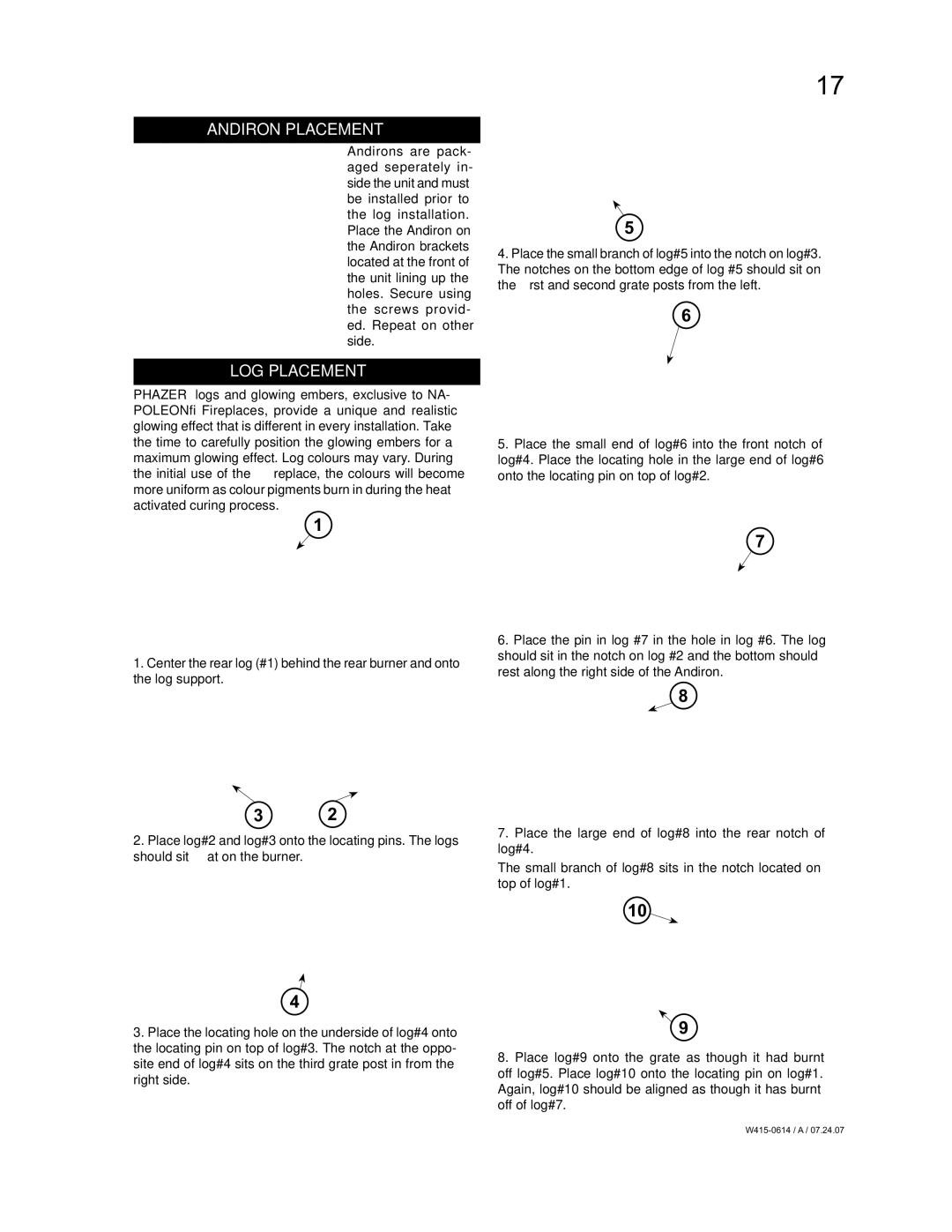 Napoleon Fireplaces BGD90NT, BGD90PT manual Andiron Placement, LOG Placement 