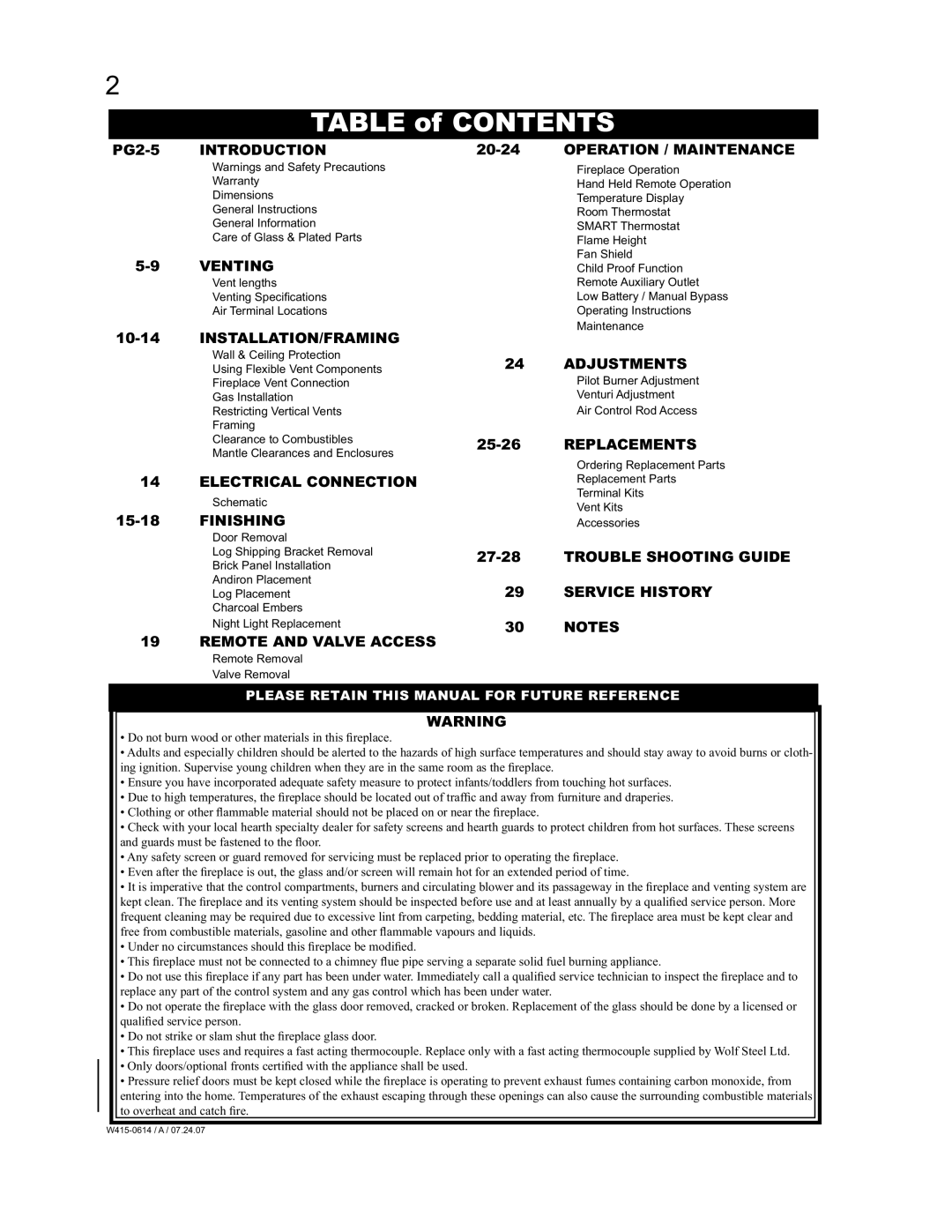 Napoleon Fireplaces BGD90PT, BGD90NT manual Table of Contents 