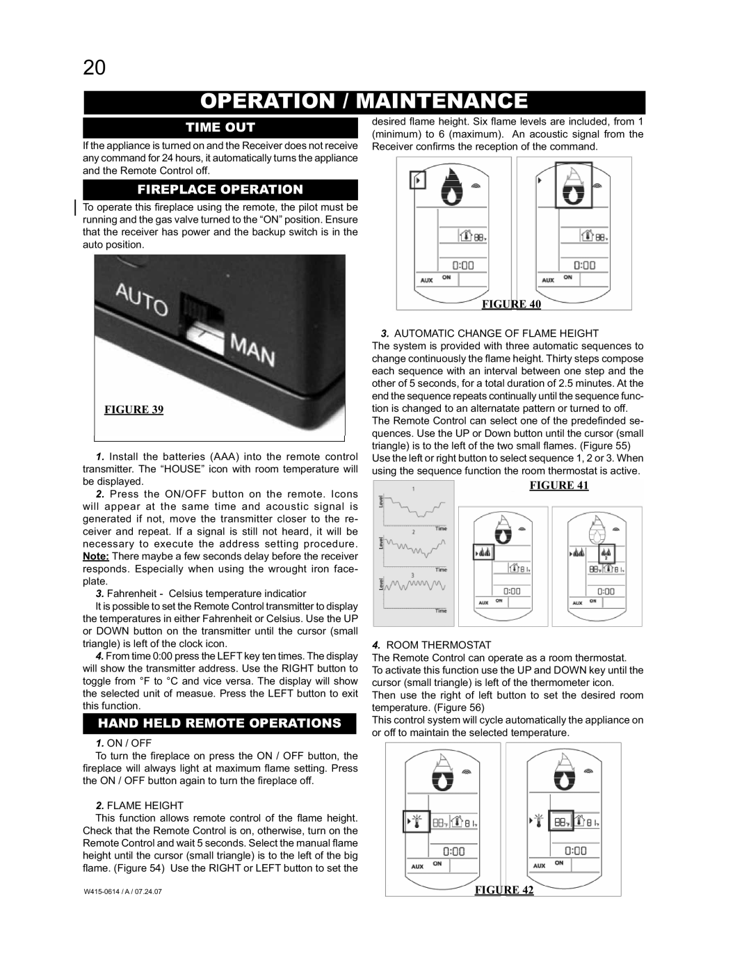 Napoleon Fireplaces BGD90PT, BGD90NT Operation / Maintenance, Time OUT, Fireplace Operation, Hand Held Remote Operations 