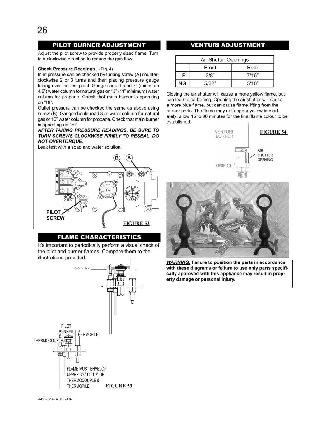 Napoleon Fireplaces BGD90PT, BGD90NT manual Pilot Burner Adjustment, Flame Characteristics, Venturi Adjustment 