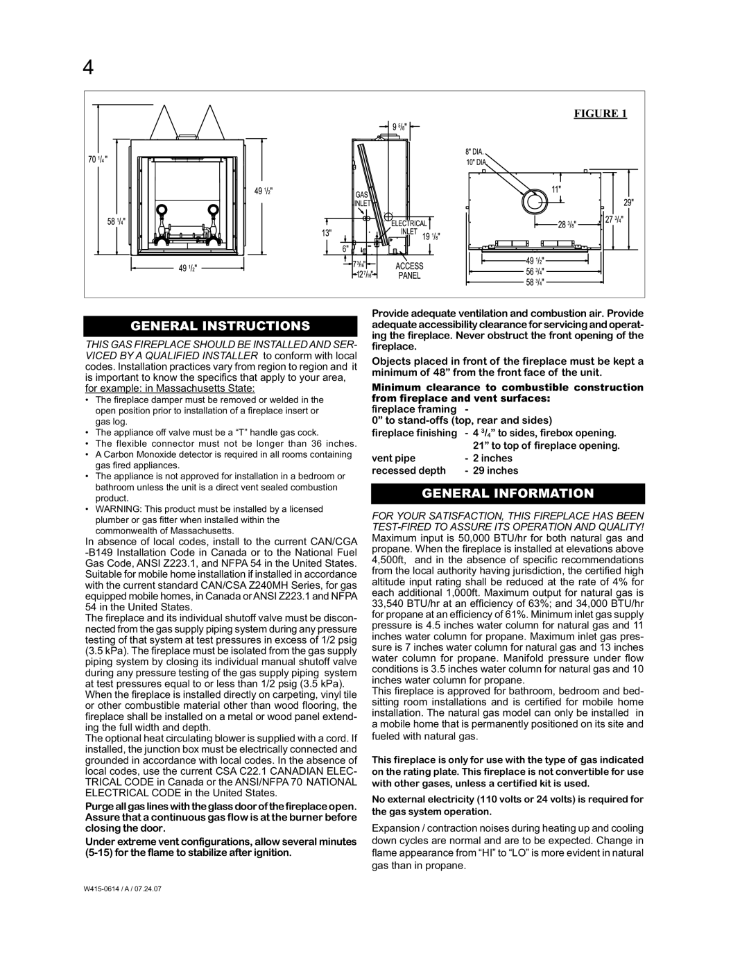 Napoleon Fireplaces BGD90PT General Instructions, General Information, To stand-offs top, rear and sides, Vent pipe Inches 