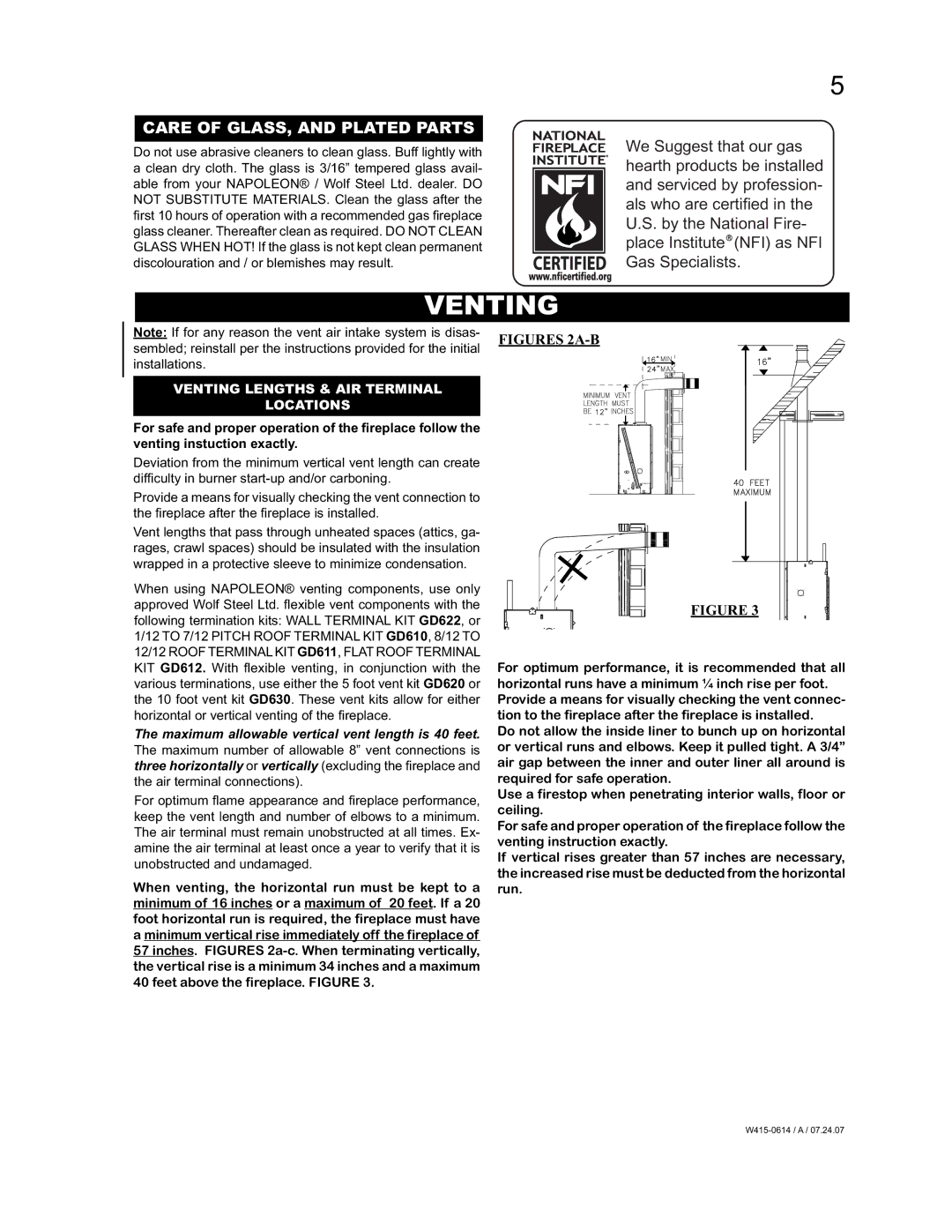 Napoleon Fireplaces BGD90NT, BGD90PT manual Care of GLASS, and Plated Parts, Venting Lengths & AIR Terminal Locations 