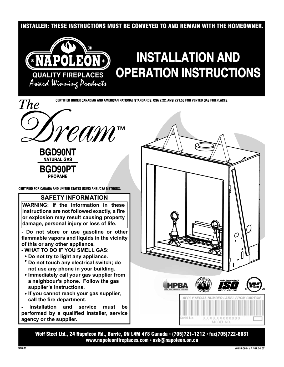 Napoleon Fireplaces BGD90NT manual Safety Information, Installation And, Operation Instructions, BGD90PT 