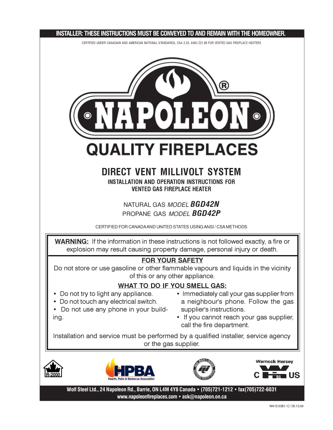 Napoleon Fireplaces BGDV42P, BGDV42N manual Direct Vent Millivolt System 