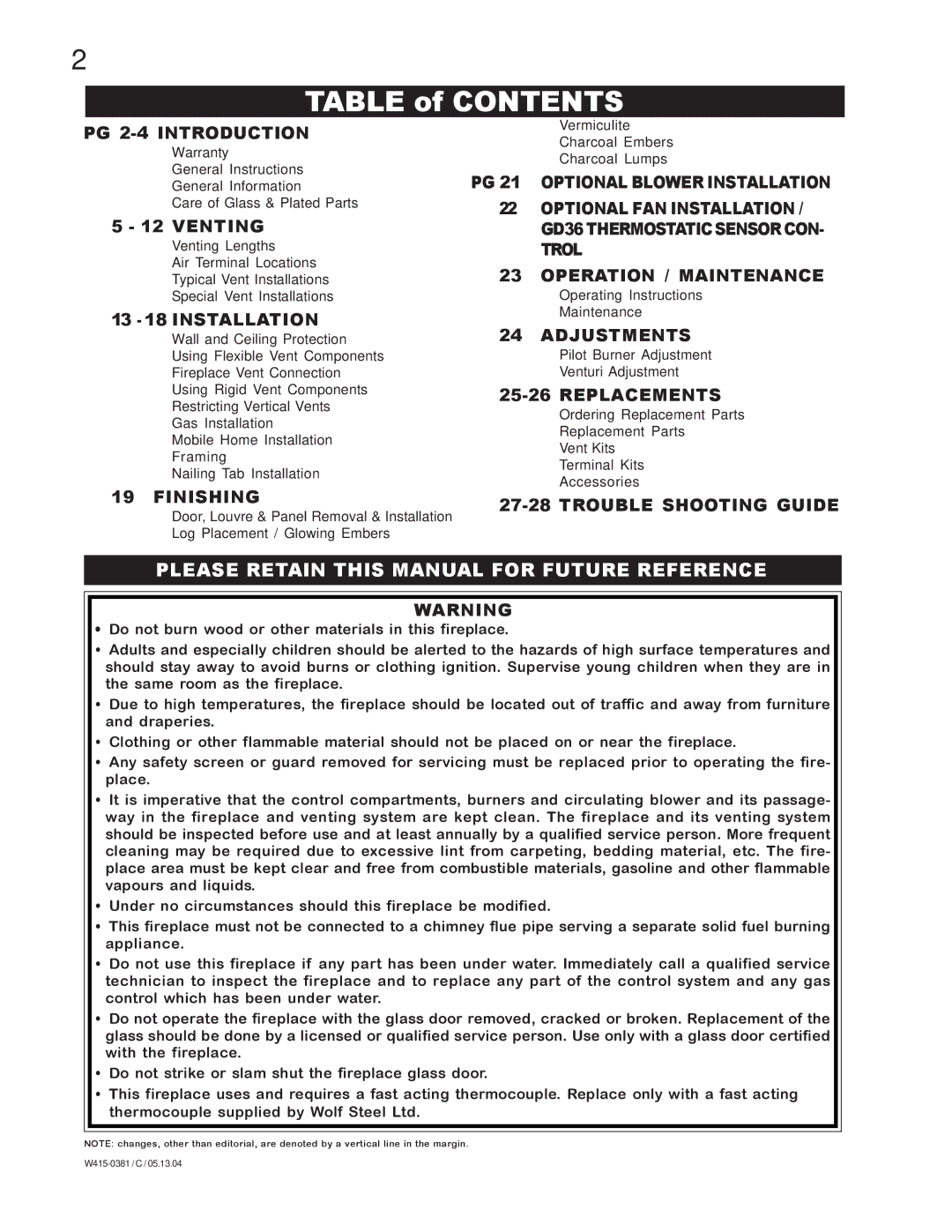 Napoleon Fireplaces BGDV42N, BGDV42P manual Table of Contents 