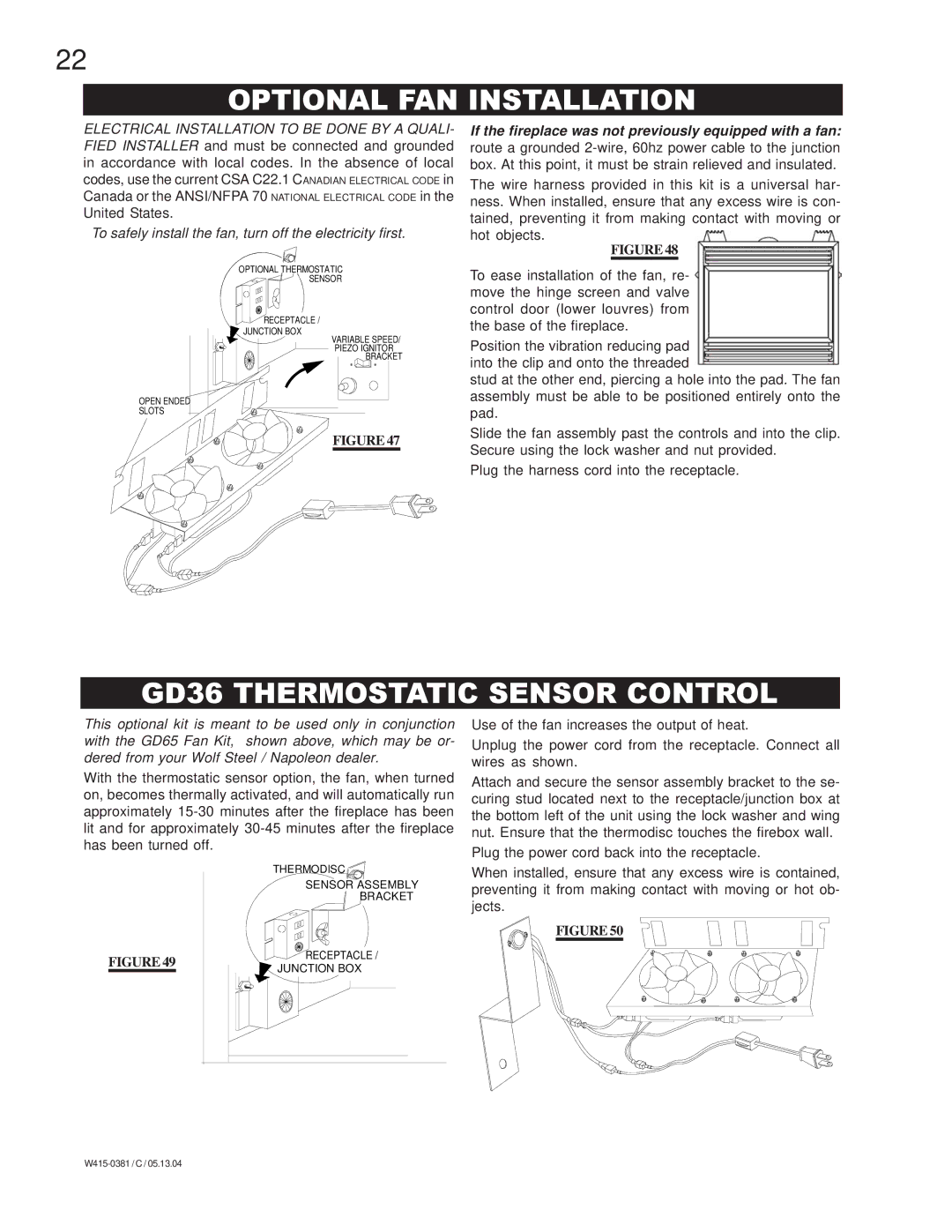 Napoleon Fireplaces BGDV42N, BGDV42P manual Optional FAN Installation, GD36 Thermostatic Sensor Control 