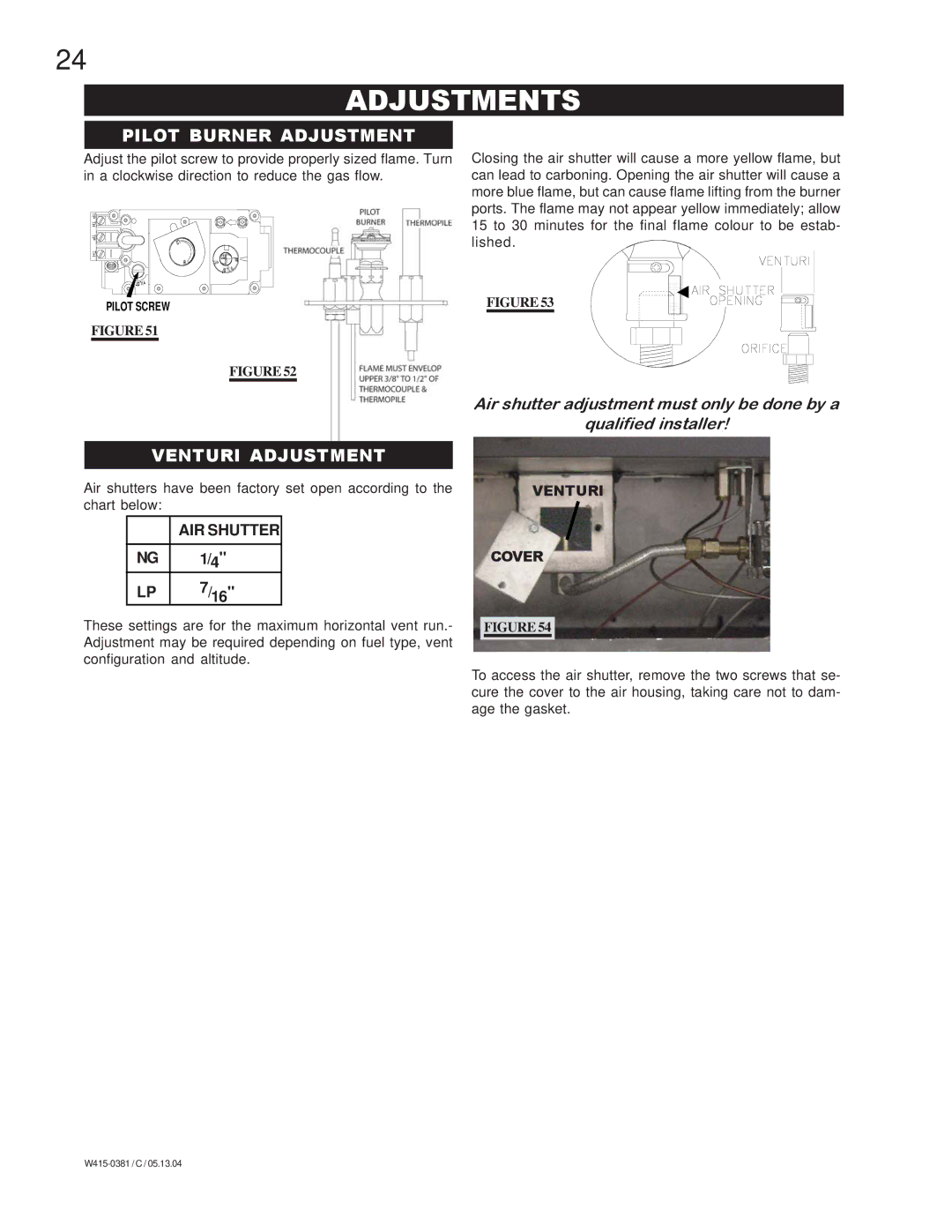 Napoleon Fireplaces BGDV42N, BGDV42P manual Adjustments, Pilot Burner Adjustment, Venturi Adjustment 