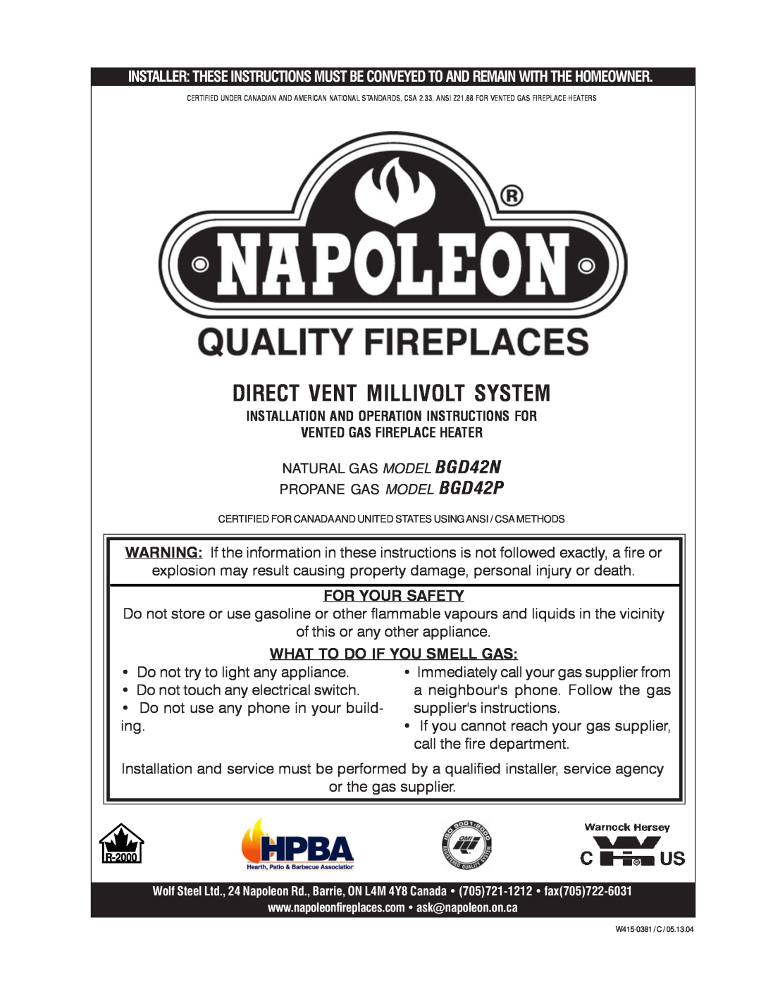 Napoleon Fireplaces BGDV42P, BGDV42N manual Direct Vent Millivolt System 