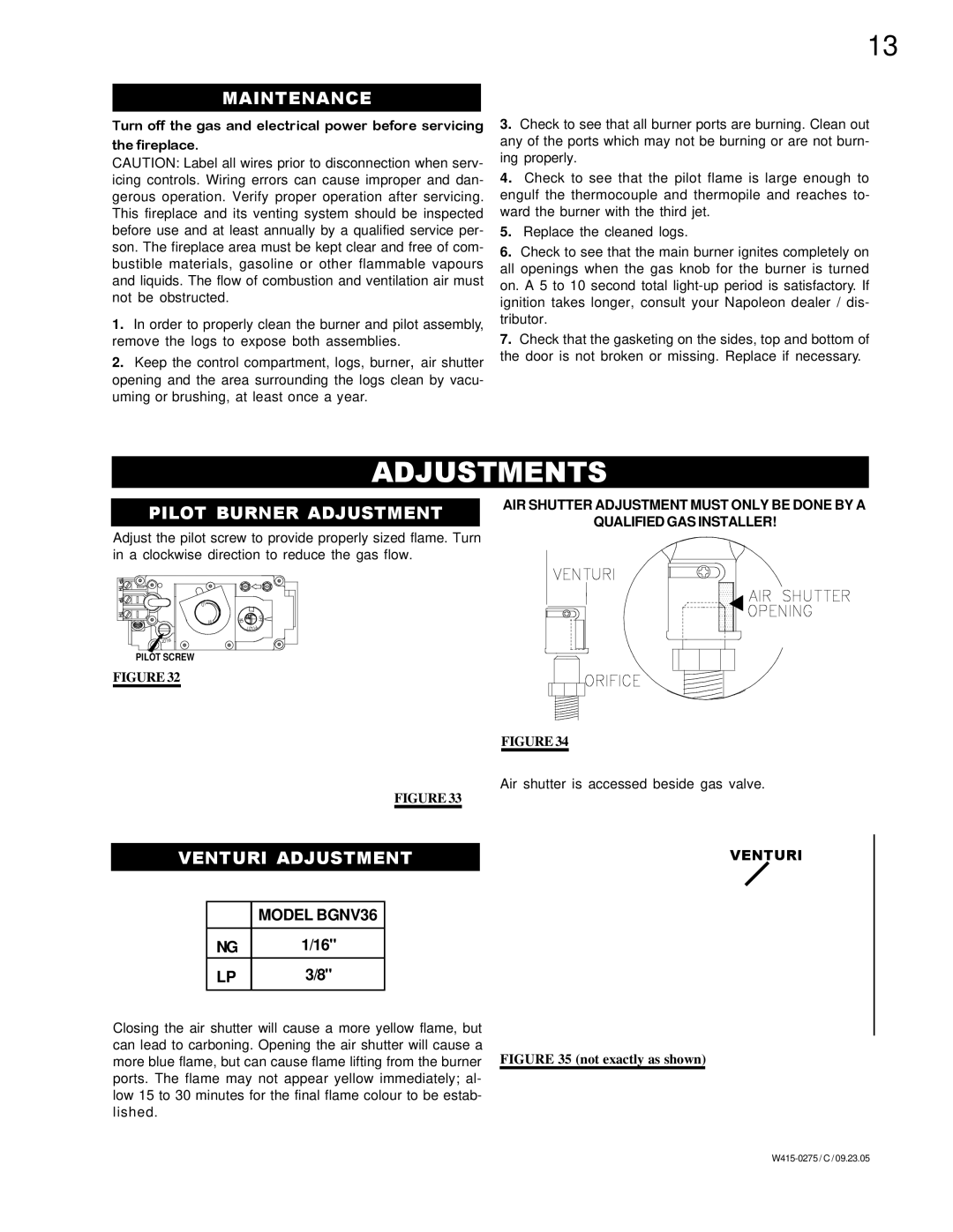 Napoleon Fireplaces BGNV36P, BGNV36N manual Adjustments, Maintenance, Pilot Burner Adjustment, Venturi Adjustment 