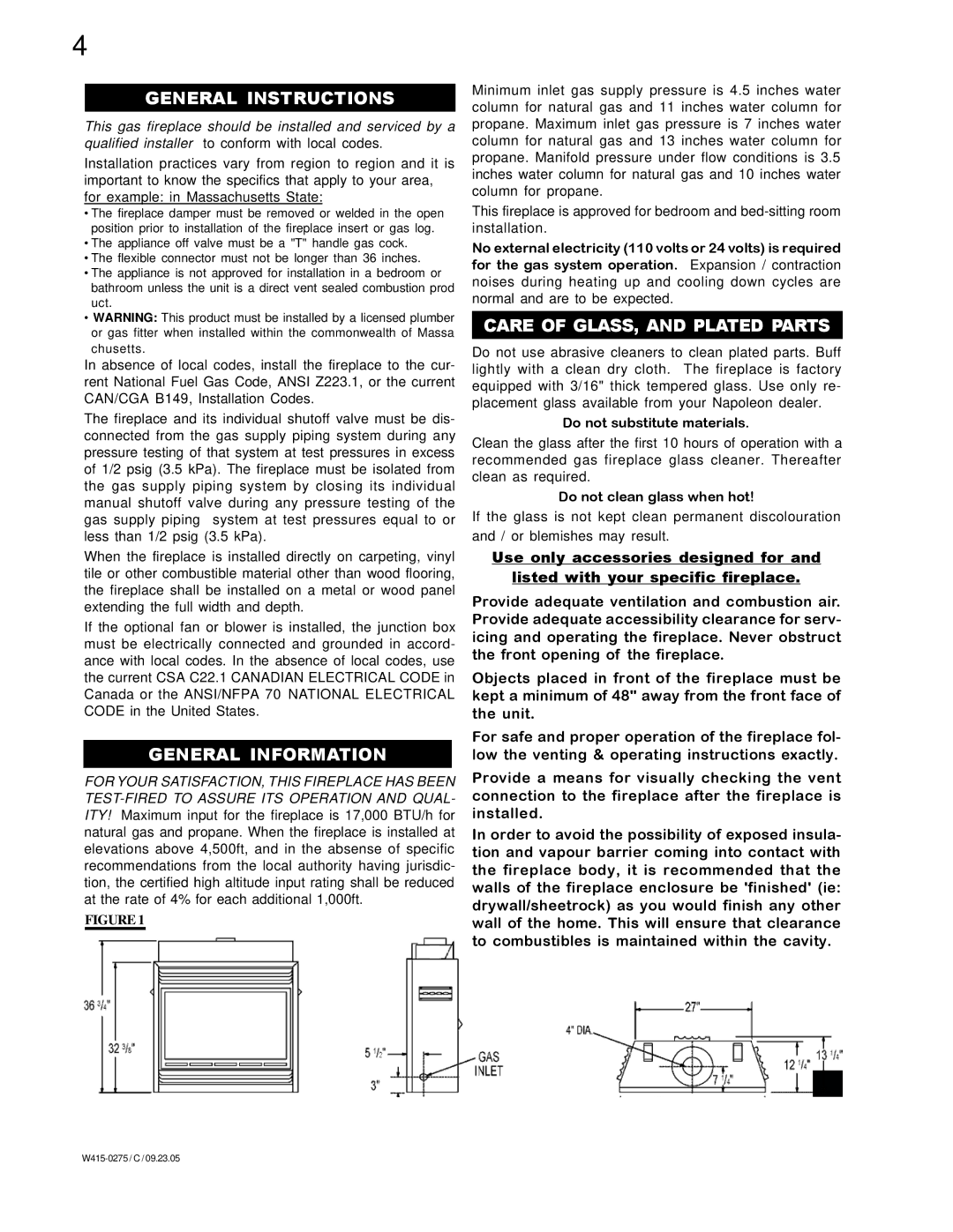 Napoleon Fireplaces BGNV36N, BGNV36P manual General Instructions, General Information, Care of GLASS, and Plated Parts 