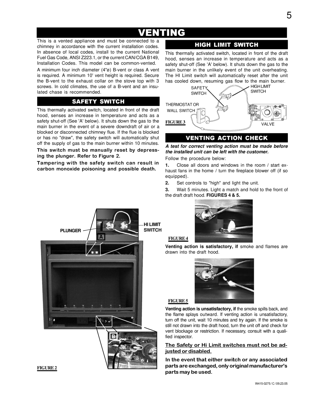 Napoleon Fireplaces BGNV36P, BGNV36N manual High Limit Switch, Safety Switch, Venting Action Check 