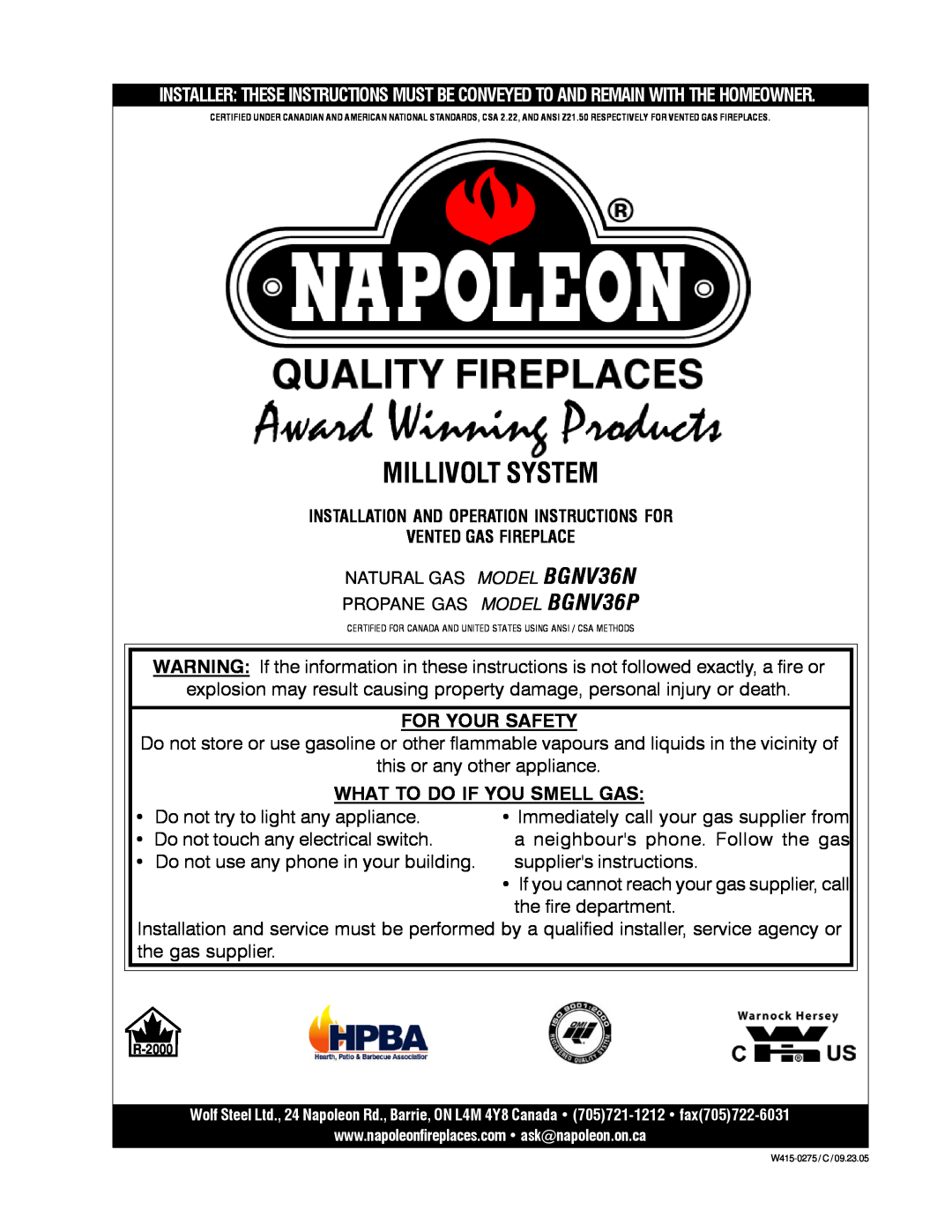 Napoleon Fireplaces BGNV36P, BGNV36N manual For Your Safety, What To Do If You Smell Gas, Millivolt System 