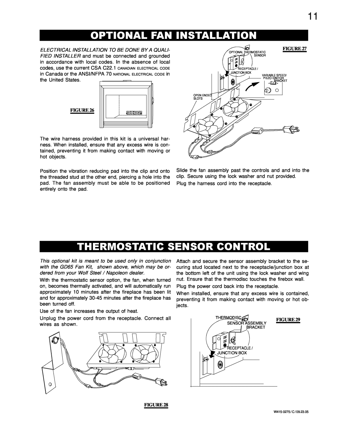 Napoleon Fireplaces BGNV36P, BGNV36N manual Optional Fan Installation, Thermostatic Sensor Control, Thermodiscfigure 