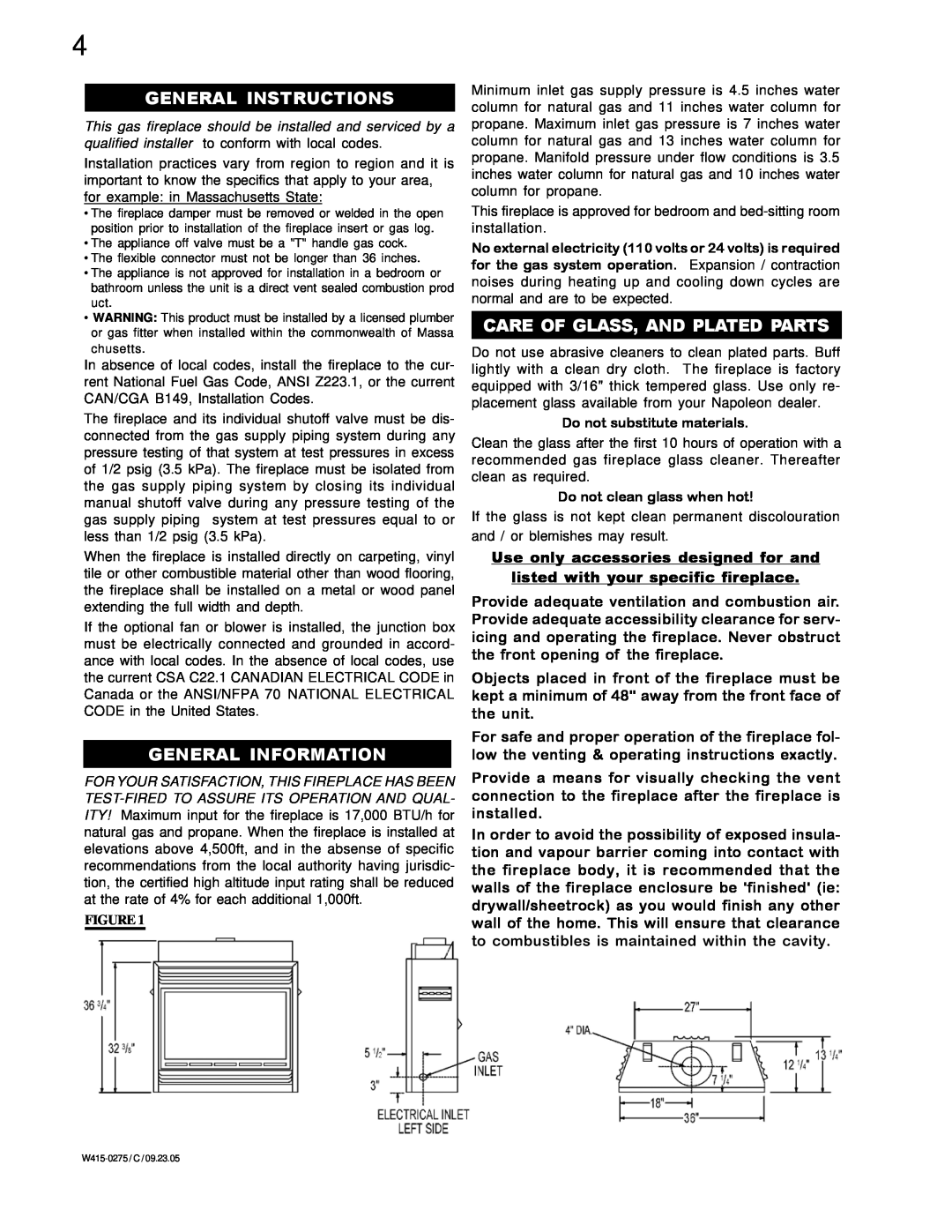 Napoleon Fireplaces BGNV36N, BGNV36P manual General Instructions, General Information, Care Of Glass, And Plated Parts 
