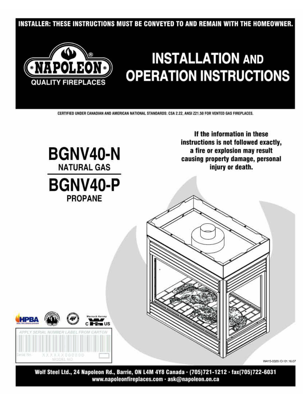 Napoleon Fireplaces BGNV40-N, BGNV40-P manual W415-0320/D/01.16.07 W415-0320 / D 