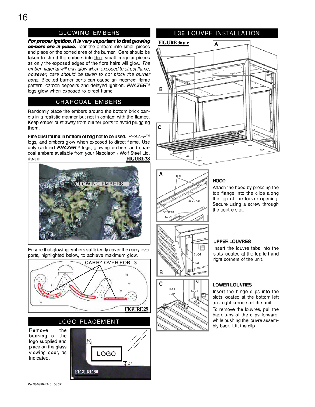 Napoleon Fireplaces BGNV40-P, BGNV40-N manual Glowing Embers L36 Louvre Installation, Charcoal Embers, Logo Placement 