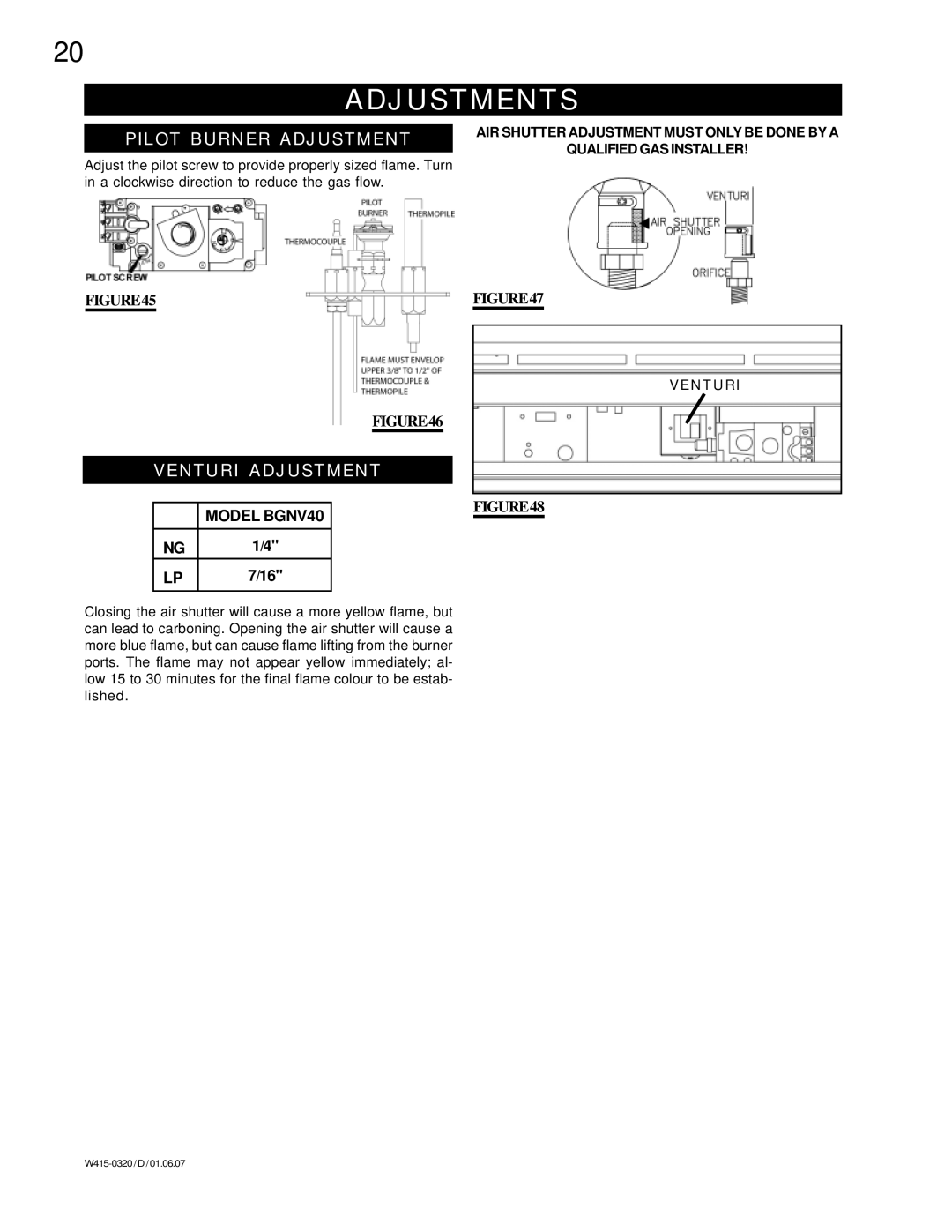 Napoleon Fireplaces BGNV40-P, BGNV40-N manual Adjustments, Pilot Burner Adjustment, Venturi Adjustment 