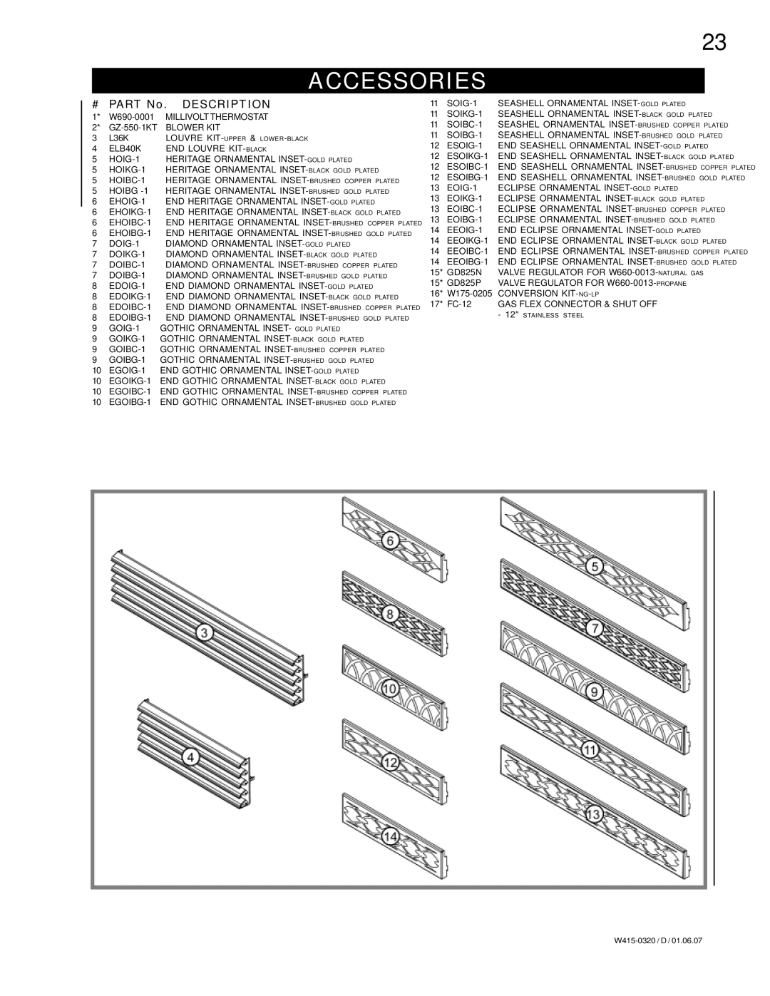 Napoleon Fireplaces BGNV40-N, BGNV40-P manual Accessories, Part No. Description 