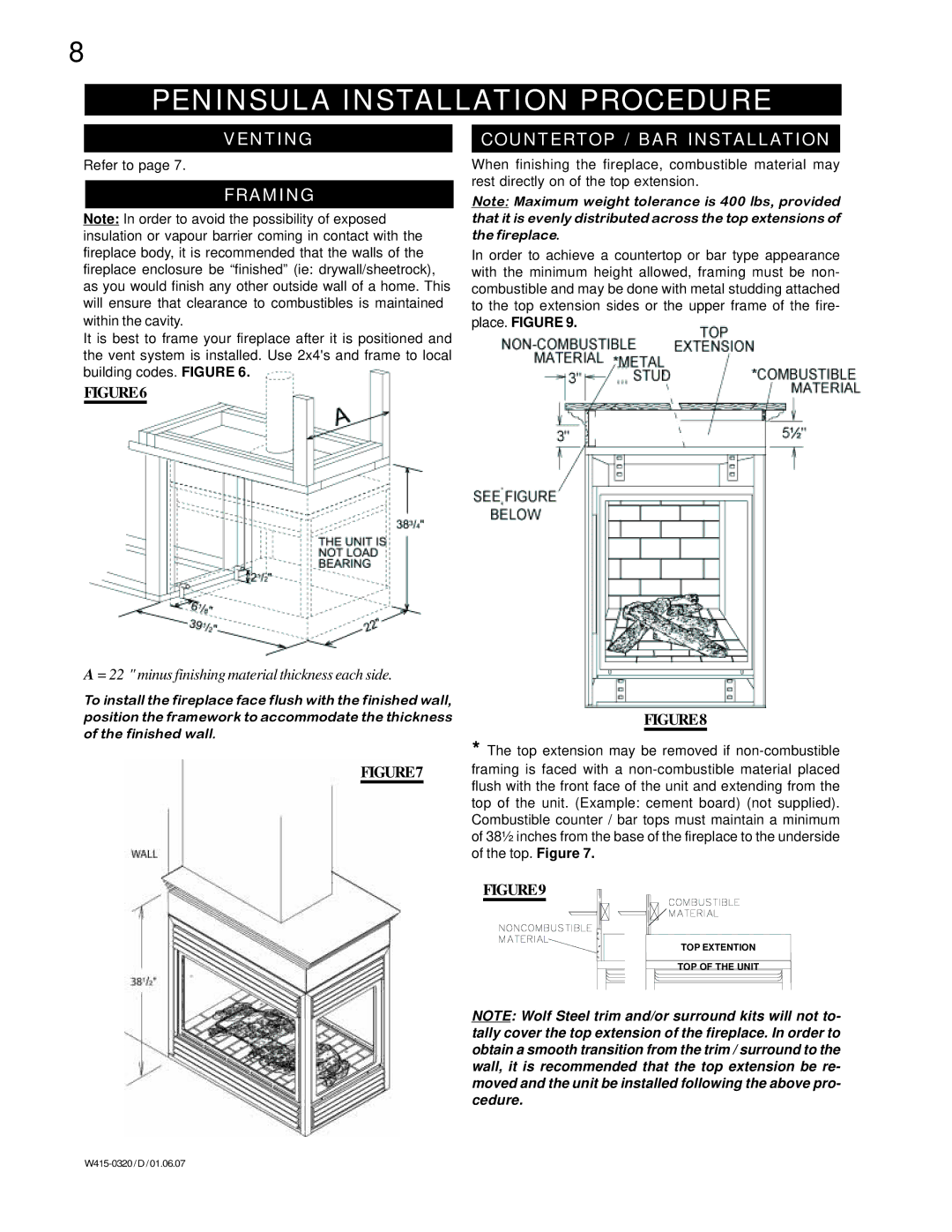 Napoleon Fireplaces BGNV40-P, BGNV40-N Peninsula Installation Procedure, Venting, Framing, Countertop / BAR Installation 