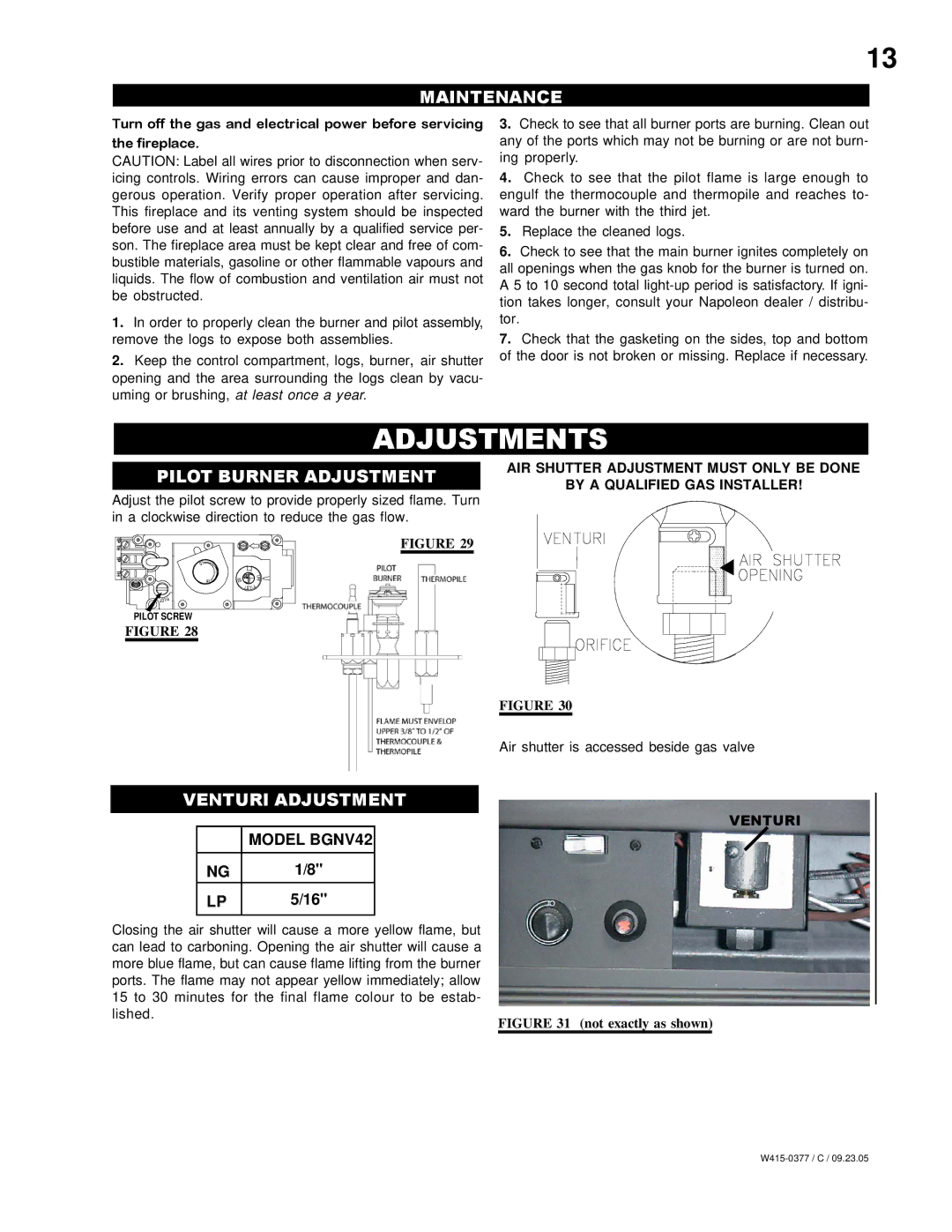 Napoleon Fireplaces BGNV42P, BGNV42N manual Adjustments, Maintenance, Pilot Burner Adjustment, Venturi Adjustmentfigure 