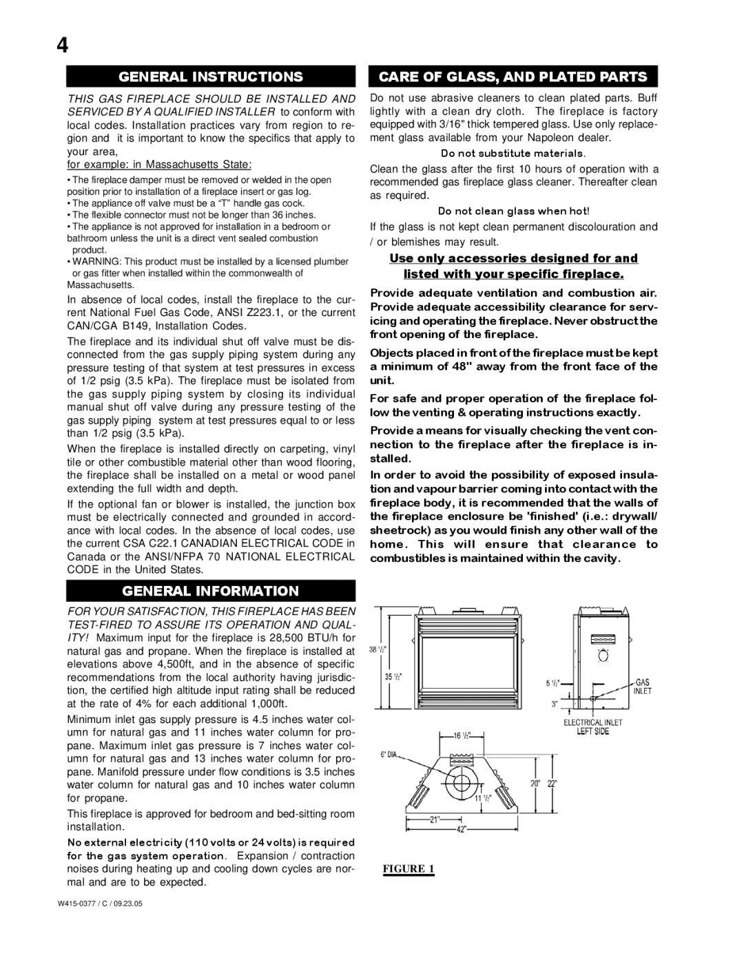 Napoleon Fireplaces BGNV42N, BGNV42P manual General Instructions, Care of GLASS, and Plated Parts, General Information 