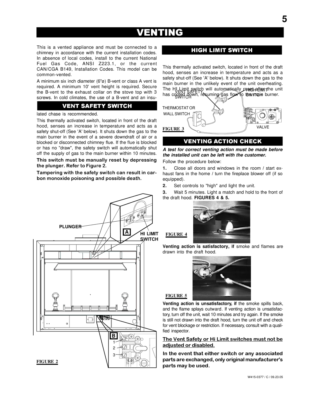 Napoleon Fireplaces BGNV42P manual Vent Safety Switch, High Limit Switch, Venting Action Check, Plunger HI Limit Switch 