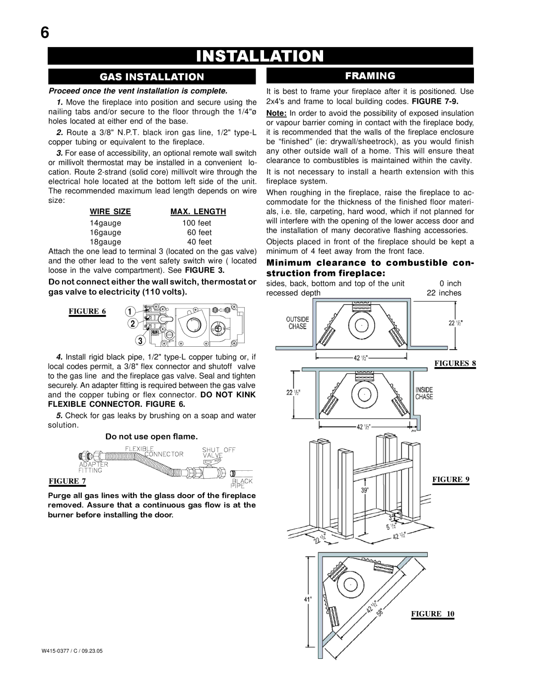 Napoleon Fireplaces BGNV42N, BGNV42P manual GAS Installation Framing, Wire Size MAX. Length, Flexible CONNECTOR. Figure 