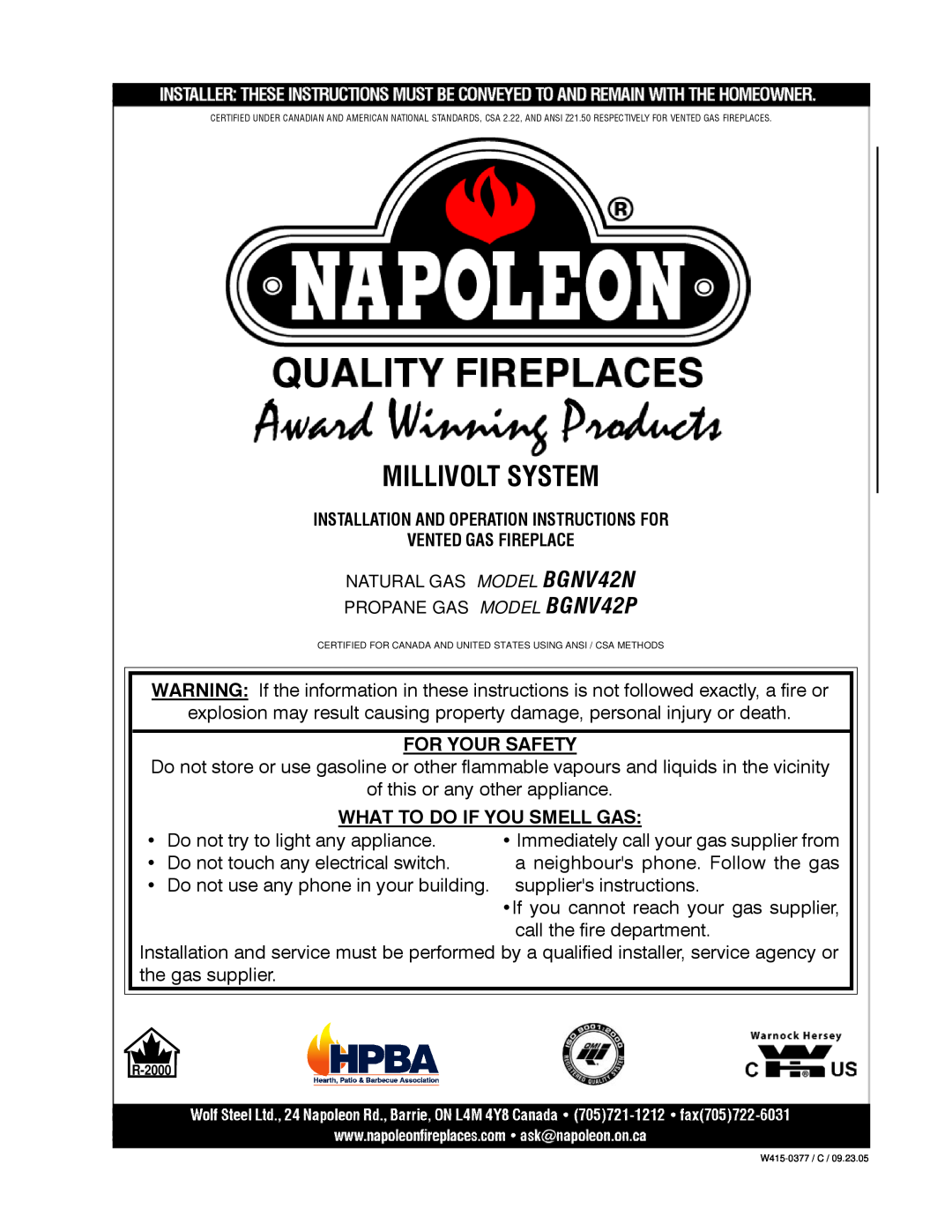 Napoleon Fireplaces BGNV42P, BGNV42N manual Millivolt System, For Your Safety, What To Do If You Smell Gas 