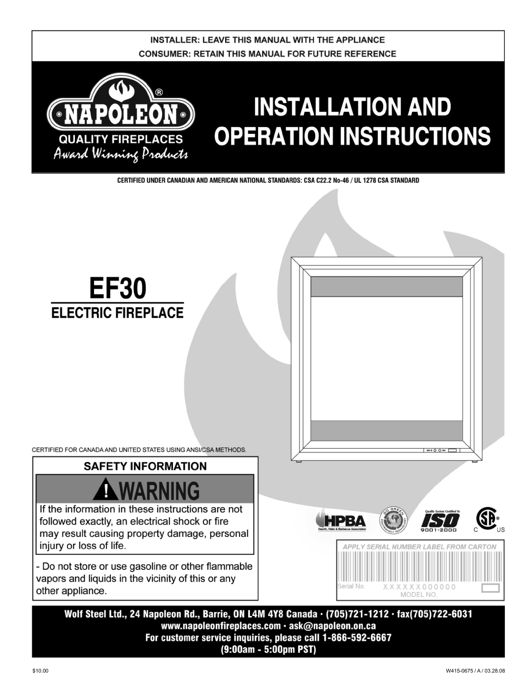 Napoleon Fireplaces EF30 manual W415-0675 / a $10.00 