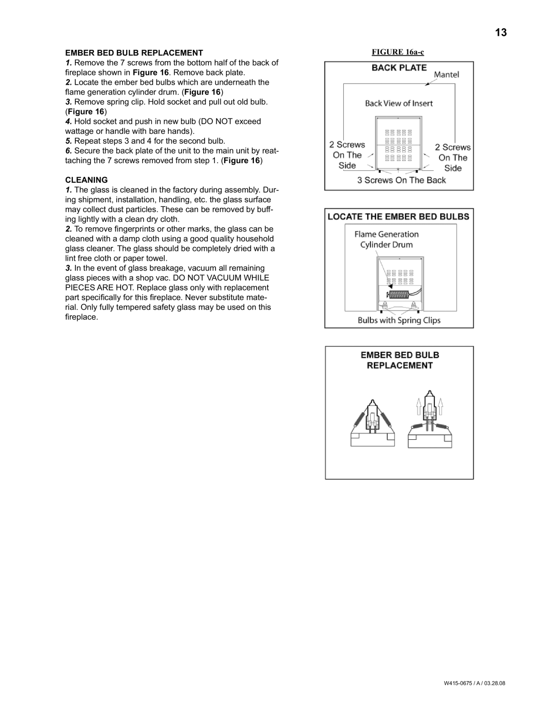 Napoleon Fireplaces EF30 manual Ember BED Bulb Replacement, Cleaning 