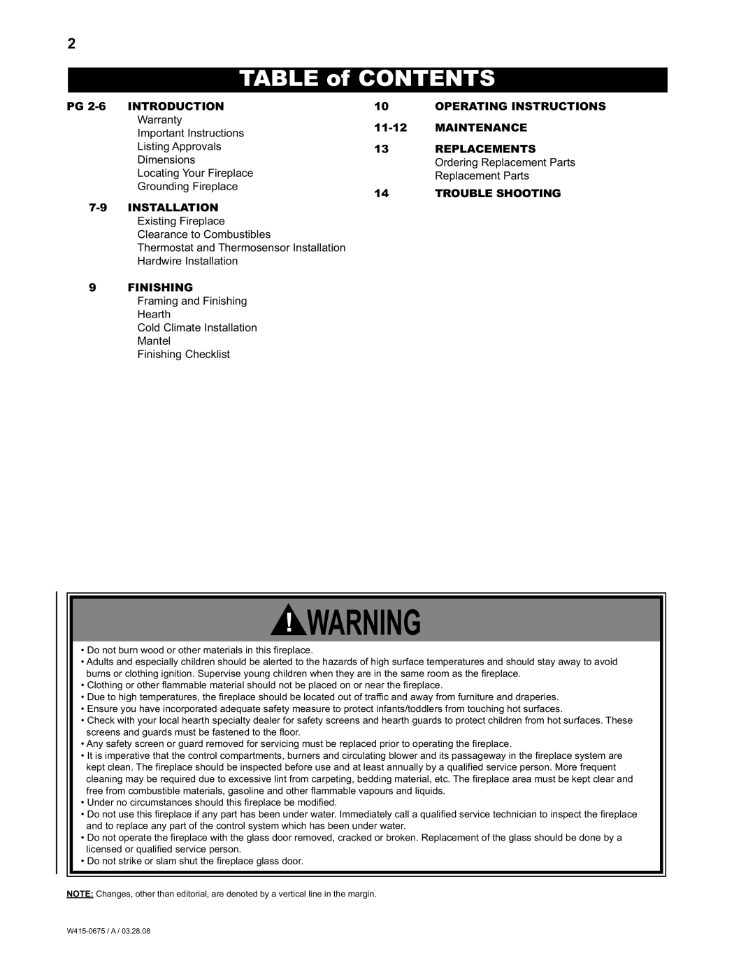 Napoleon Fireplaces EF30 manual Table of Contents 