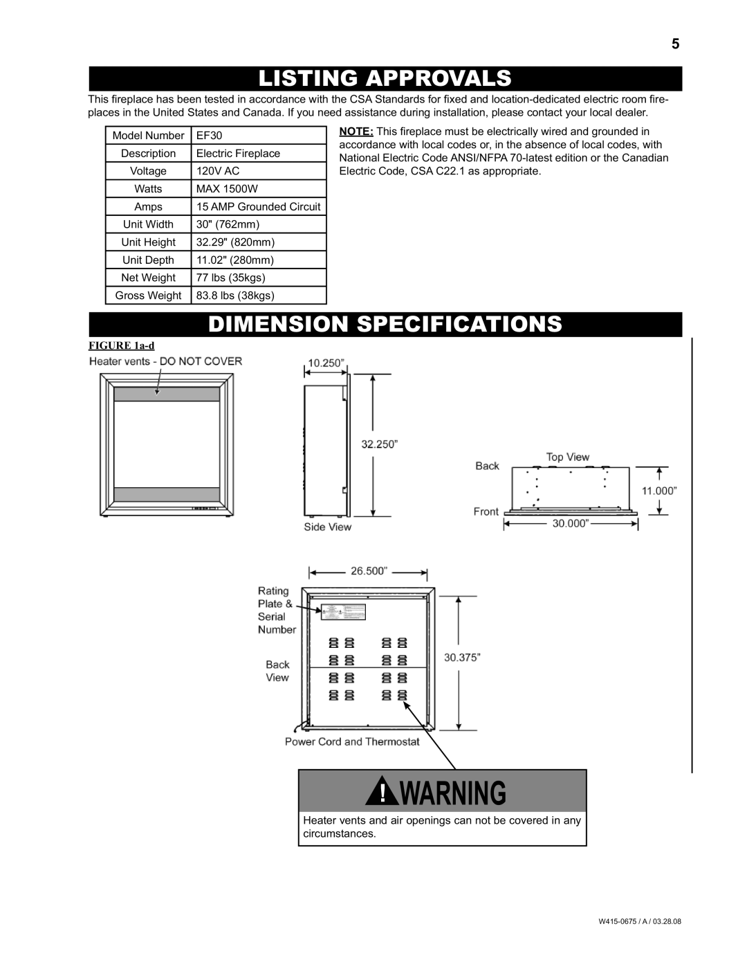 Napoleon Fireplaces EF30 manual Listing Approvals, Dimension Specifications 