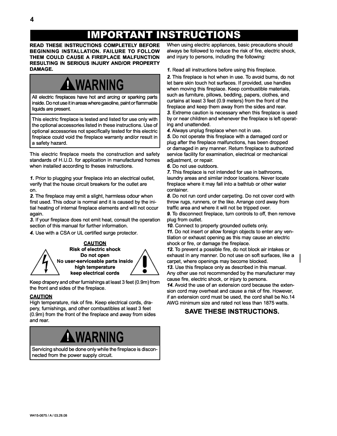 Napoleon Fireplaces EF30 manual Important Instructions, Save These Instructions, Risk of electric shock Do not open 