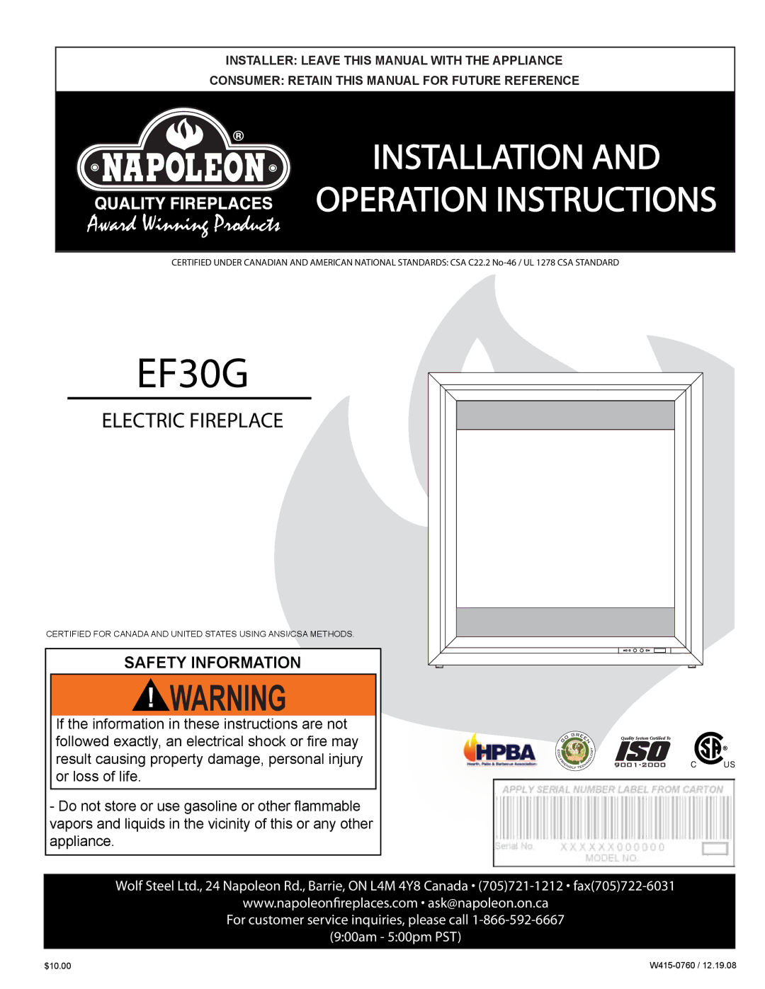 Napoleon Fireplaces EF30G manual 