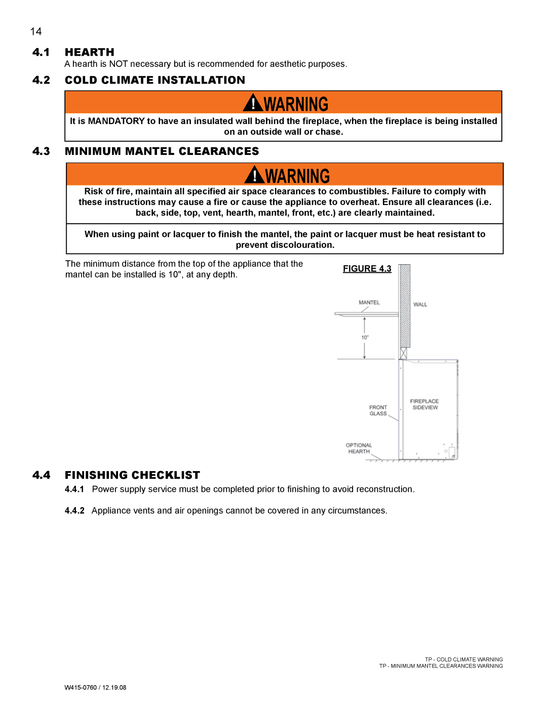 Napoleon Fireplaces EF30G manual Minimum mantel clearances, Finishing checklist 