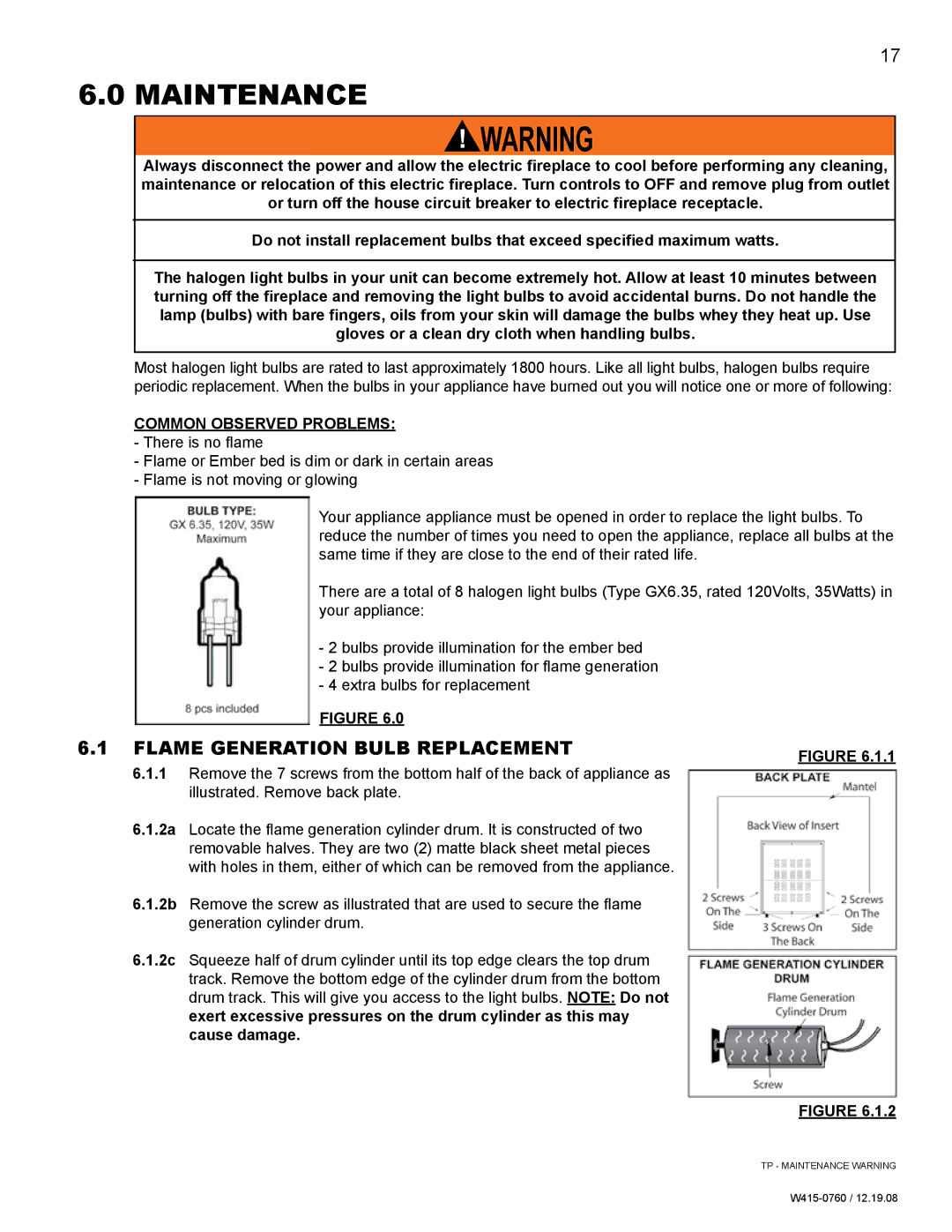 Napoleon Fireplaces EF30G manual Maintenance, Flame generation bulb replacement 